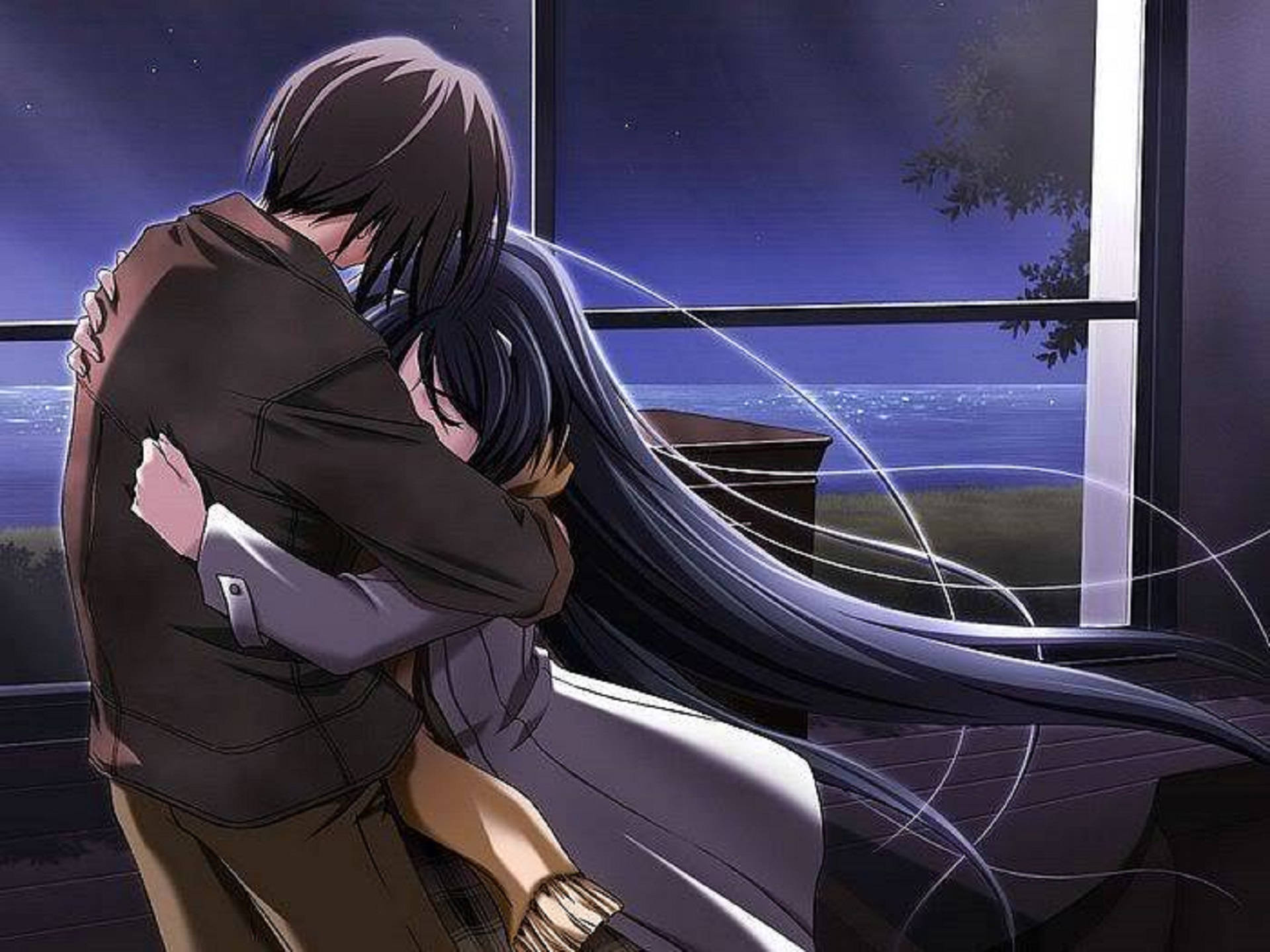 กอดอนิเมะข้างหน้าต่าง วอลเปเปอร์