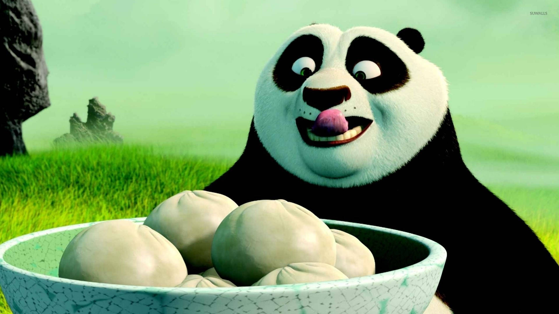 กังฟูแพนด้าพร้อมกินซาลาเปาหมู วอลเปเปอร์