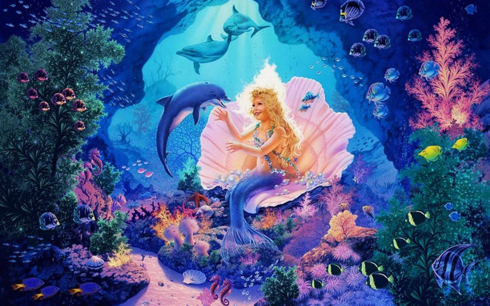 วอลเปเปอร์ใต้น้ำสีสันสดใสของเจ้าหญิงเงือกบนเปลือกหอยยักษ์ — เงือก วอลเปเปอร์