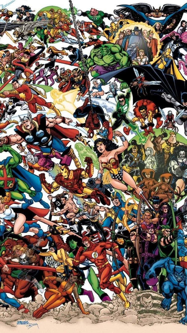 การรวมตัวของฮีโร่ DC และ Marvel ในภาพ collage วอลเปเปอร์