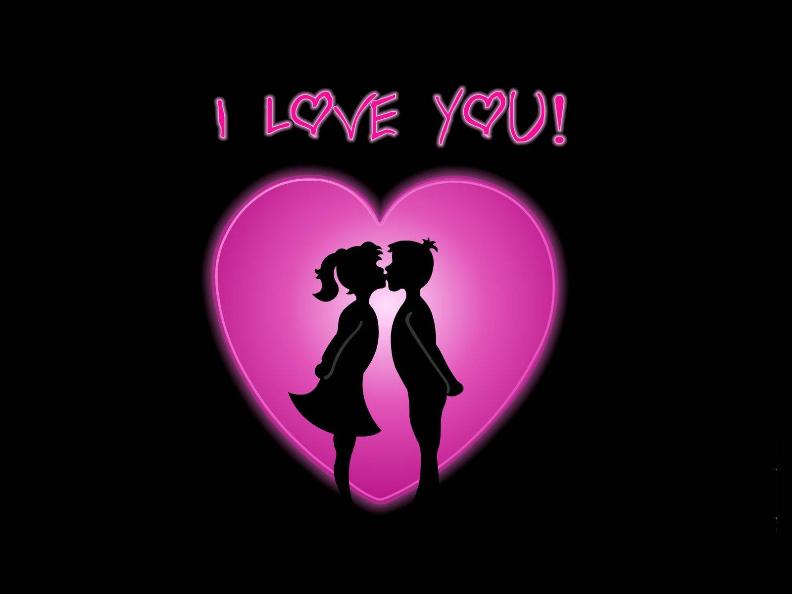 เงาของคู่รักกำลังจูบกันในหัวใจสีชมพู มีข้อความว่า "I Love You!" ด้านบนบนพื้นหลังสีดำ คู่รักจูบกันในวันวาเลนไทน์ — ความรัก วอลเปเปอร์