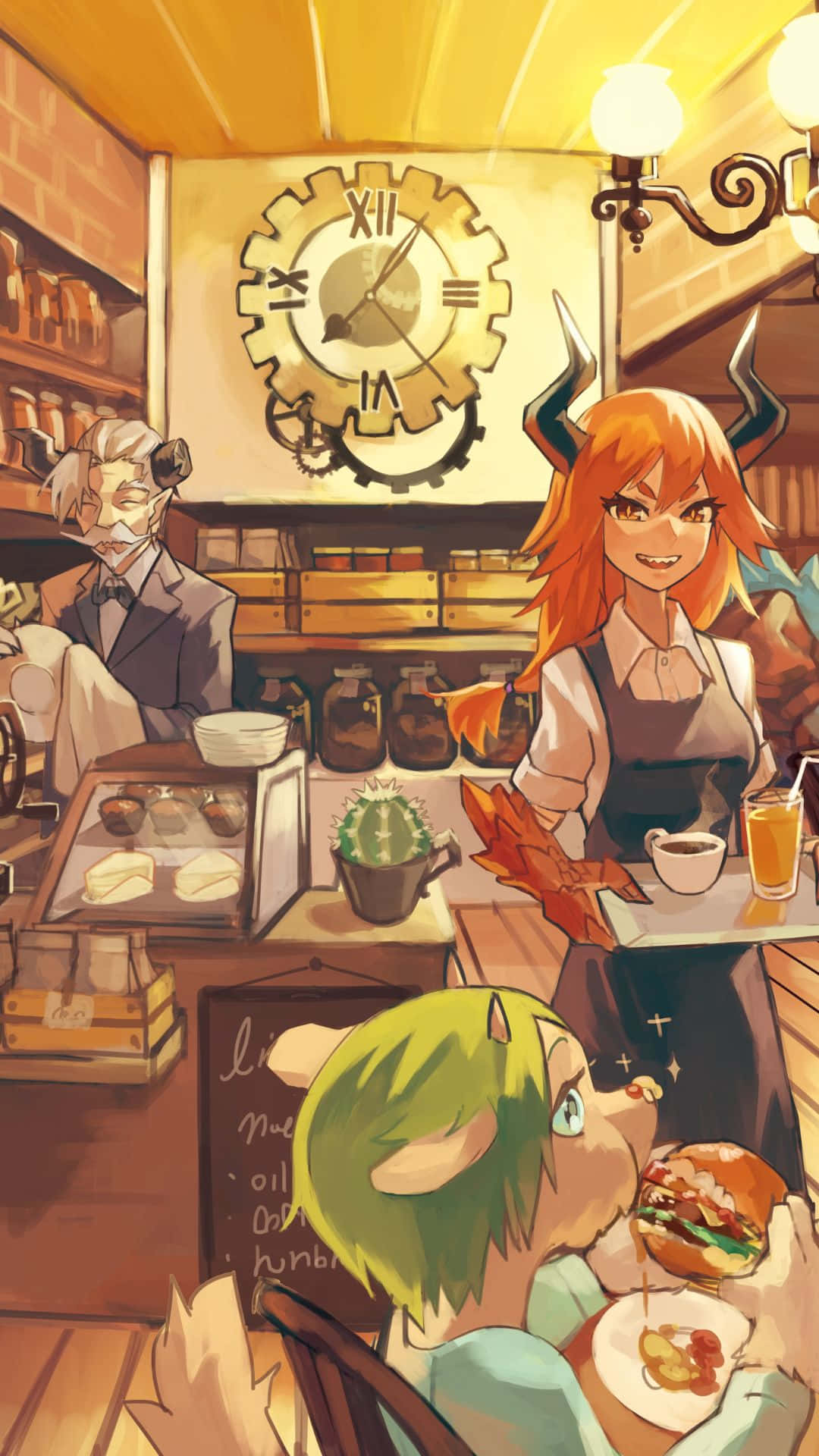 การ์ตูนผู้หญิงเสิร์ฟอาหารในร้านกาแฟ วอลเปเปอร์