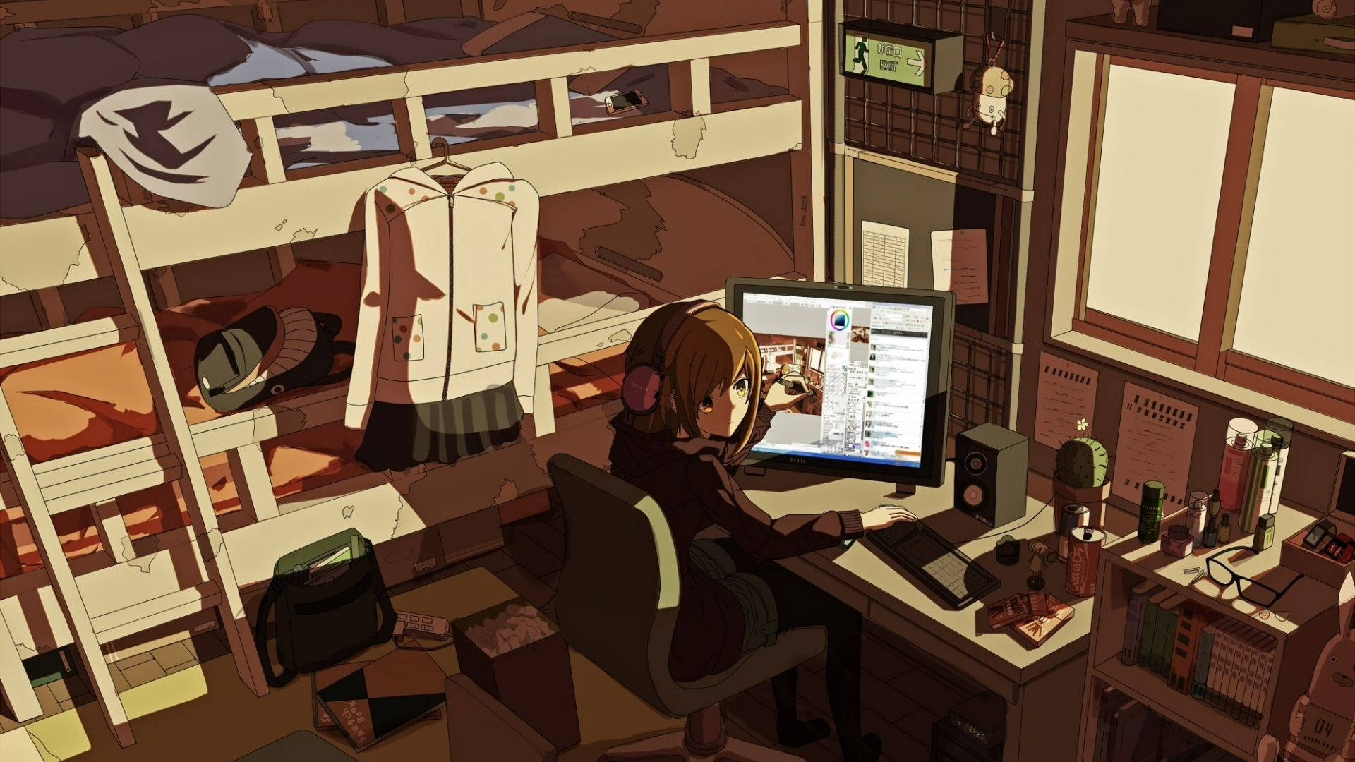 การ์ตูนสาวนักเรียนในห้องอนิเมะ วอลเปเปอร์
