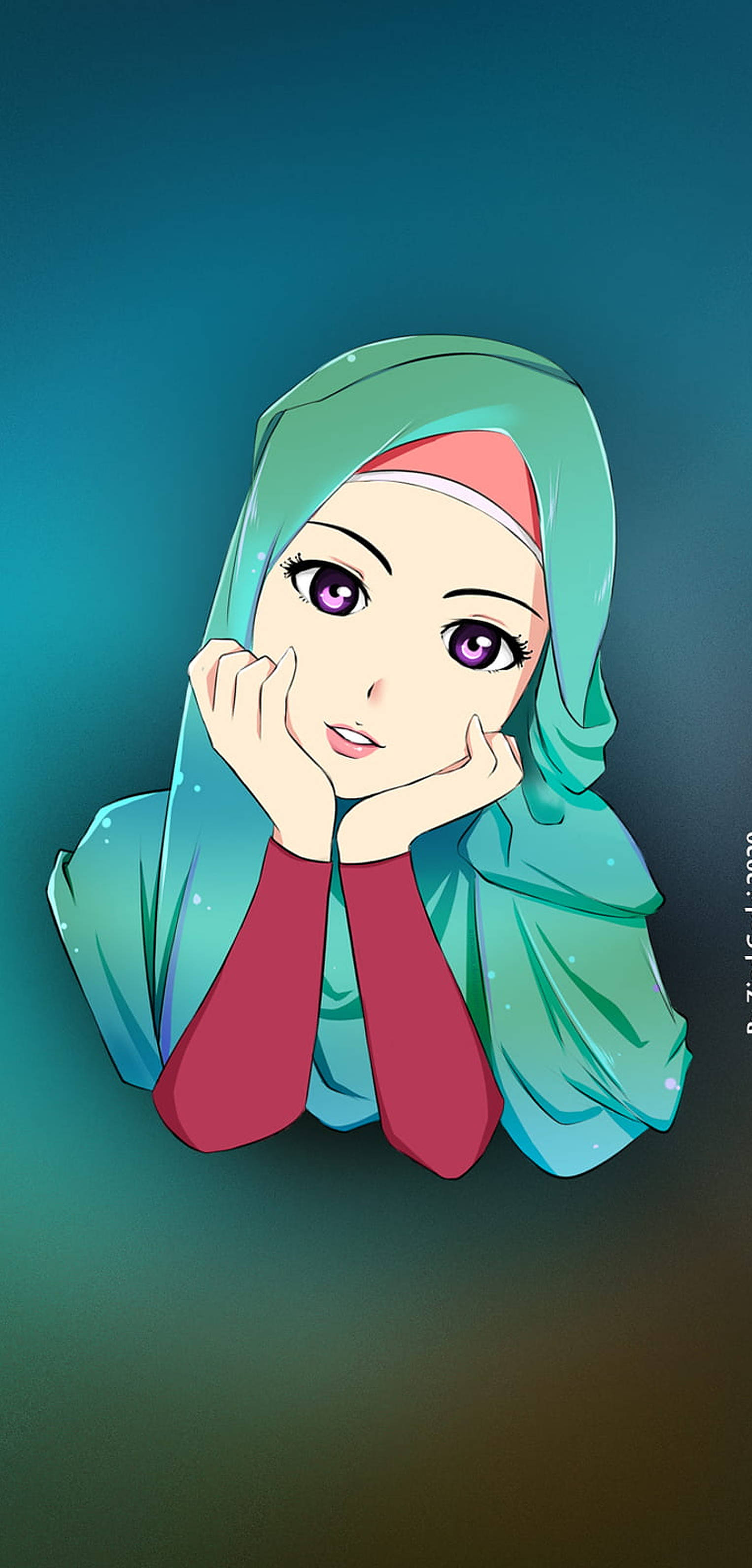 การ์ตูนหญิงสวมฮิญาบสีเขียว วอลเปเปอร์