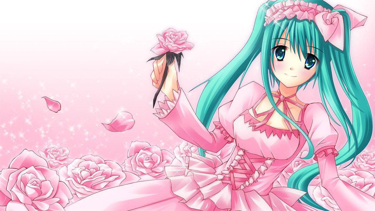 คawaii อนิเมะ Hatsune Miku ในชุดสีชมพูกับกุหลาบ วอลเปเปอร์