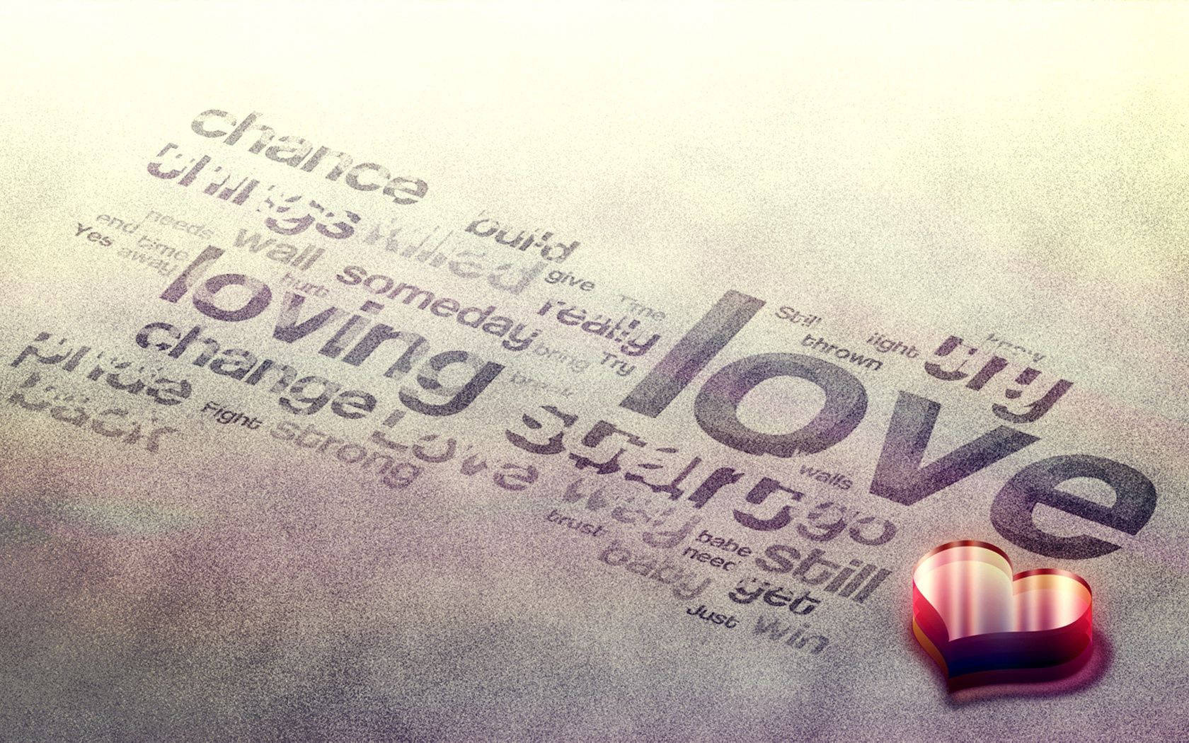 คำต่างๆ เกี่ยวกับความรัก เช่น "loving" เขียนบนพื้นผิวสีเทา มีหัวใจ 3 มิติสีแดงแวววาวอยู่ด้านข้าง — ความรัก วอลเปเปอร์