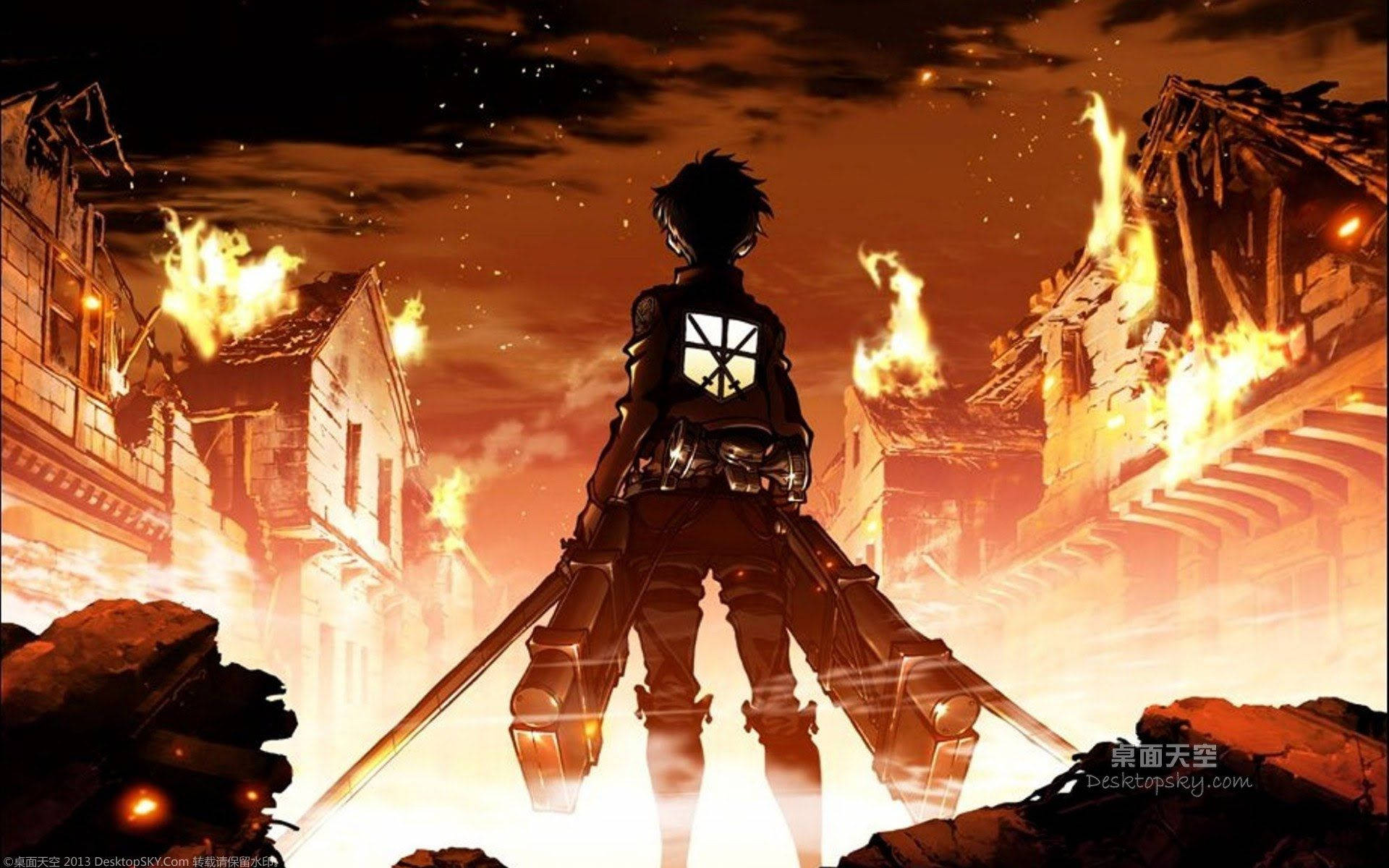 เอเรนเผชิญหน้ากับบ้านเรือนที่ถูกไฟไหม้ในหมู่บ้าน วอลเปเปอร์แฟนอาร์ต Attack on Titan — Attack On Titan วอลเปเปอร์