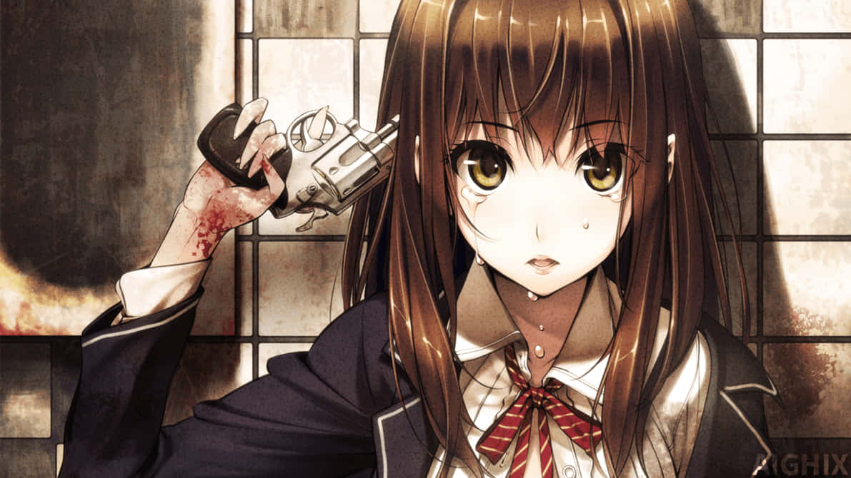 ภาพอนิเมะสาวเศร้าถือปืนจ่อหัวตัวเอง มือเปื้อนเลือด วอลเปเปอร์ HD — อนิเมะเศร้า GIF วอลเปเปอร์