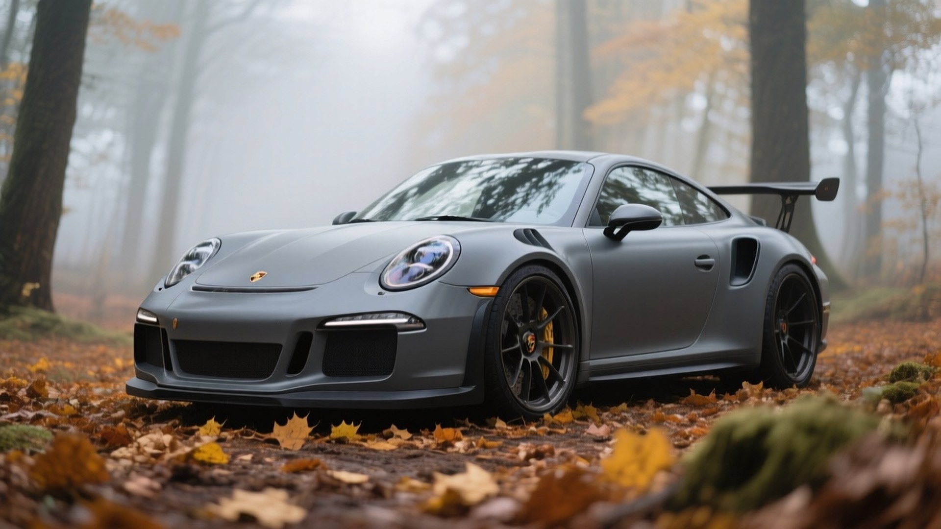 Porsche 911 GT3 RS สีเทาด้านในป่าฤดูใบไม้ร่วง — รถเท่ๆ GIF วอลเปเปอร์