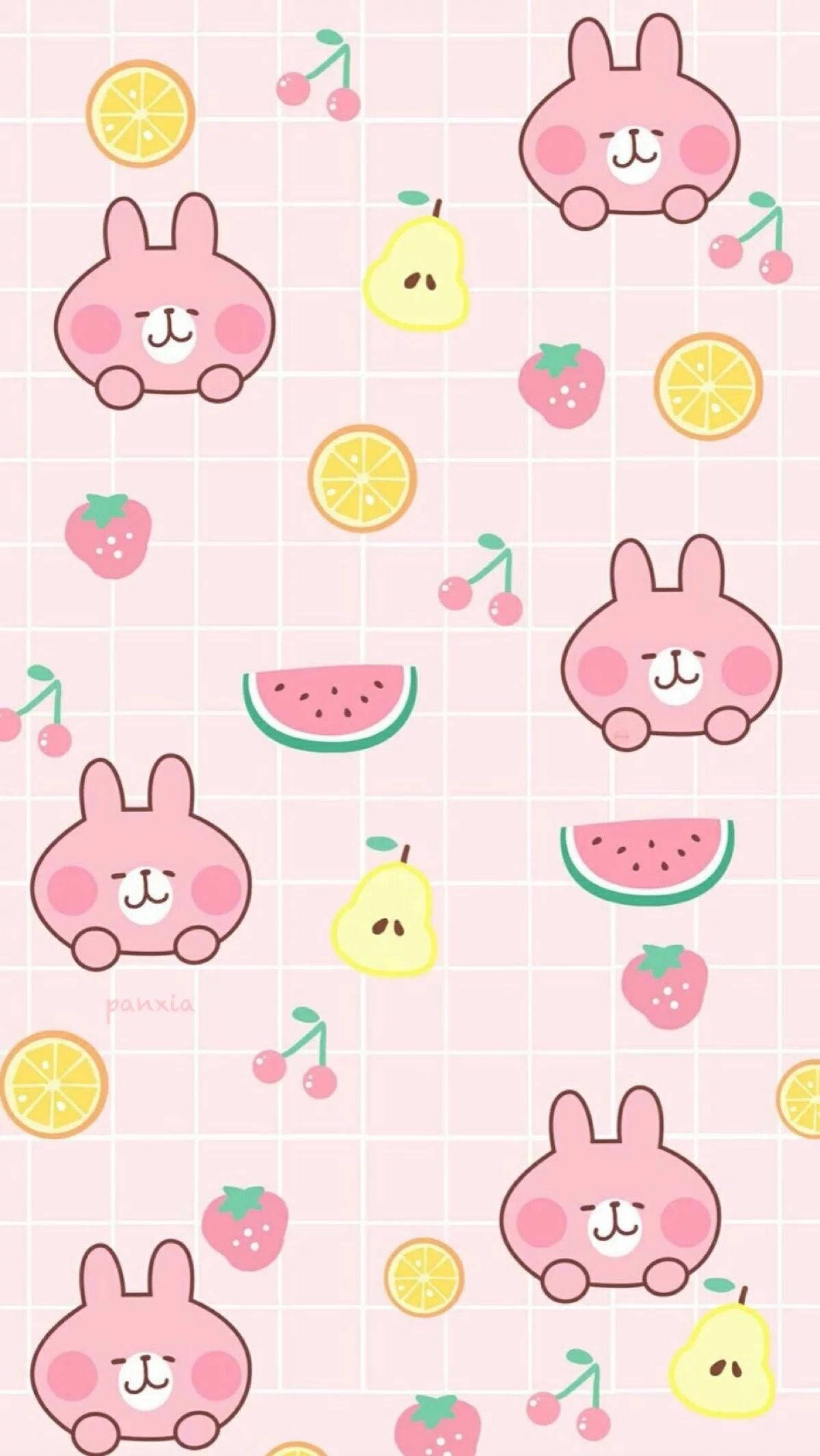 คอลลาจกระต่ายสีชมพูน่ารักกับผลไม้ วอลเปเปอร์
