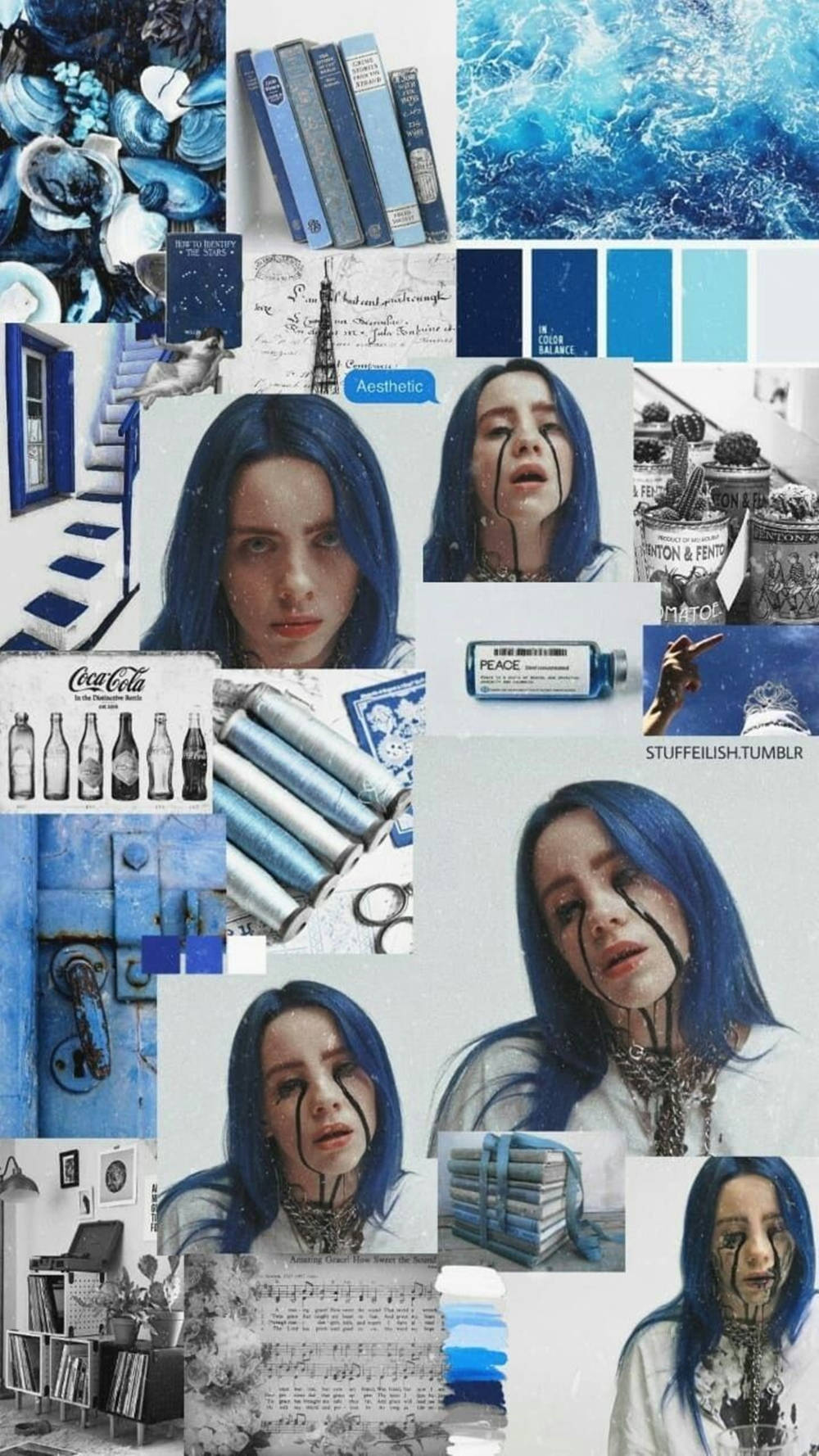 คอลลาจสวยงาม Billie Eilish สีฟ้าและขาว วอลเปเปอร์