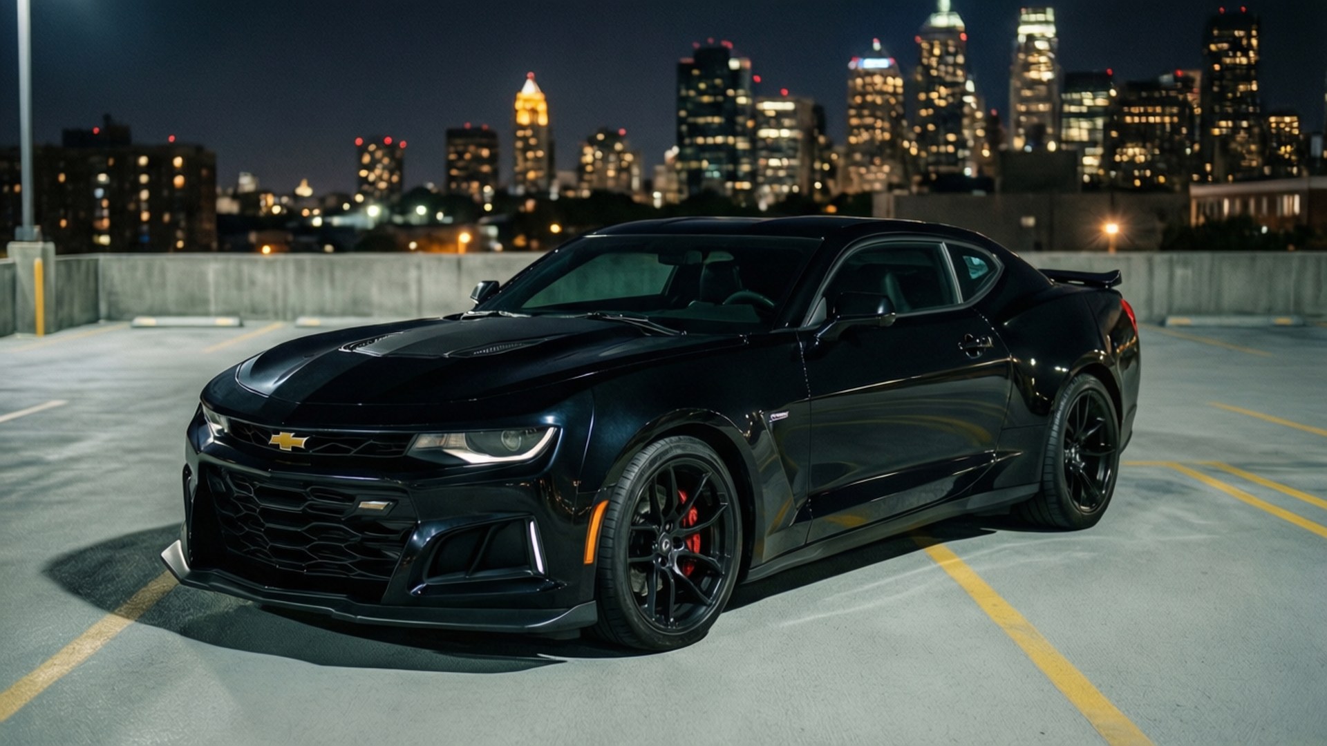 รถคามาโร ZL1 สีดำจอดอยู่บนลานจอดรถบนดาดฟ้า โดยมีเส้นขอบฟ้าของเมืองในยามค่ำคืน — รถเท่ๆ GIF วอลเปเปอร์