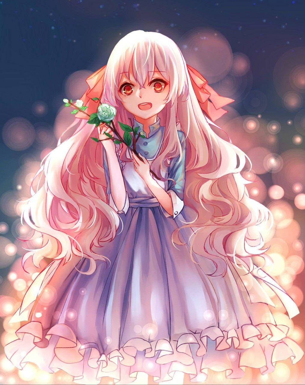 คาวาอิอนิเมะ มาริ โคซากุระ ถือดอกกุหลาบสีฟ้า วอลเปเปอร์