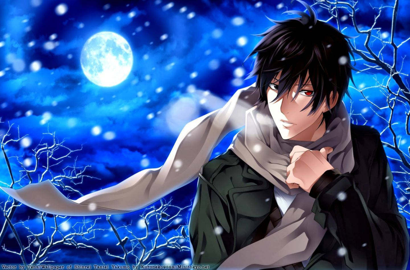 วอลเปเปอร์เด็กหนุ่มอนิเมะในคืนฤดูหนาวที่มีหิมะ — หนุ่มอนิเมะ วอลเปเปอร์