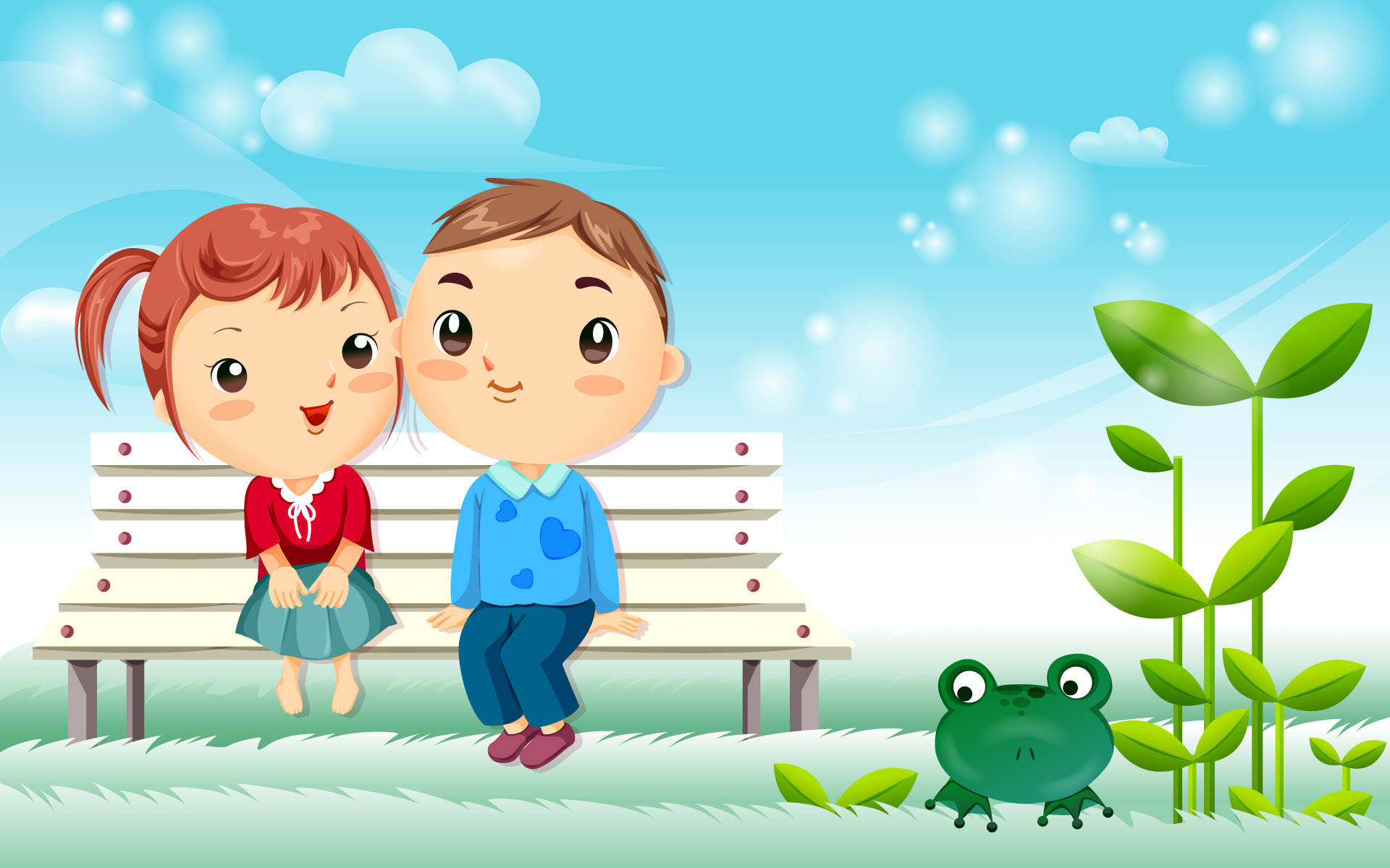 คู่รักน่ารักนั่งบนม้านั่ง วอลเปเปอร์