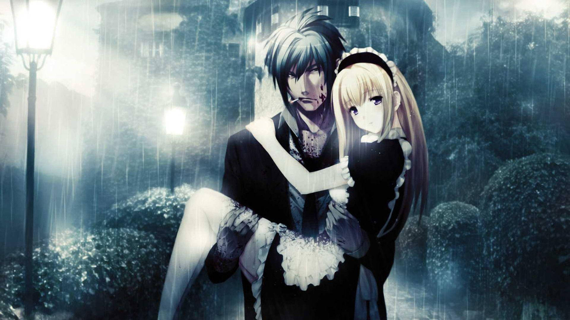 คู่รักอนิเมกอดกันในวันฝนตก วอลเปเปอร์
