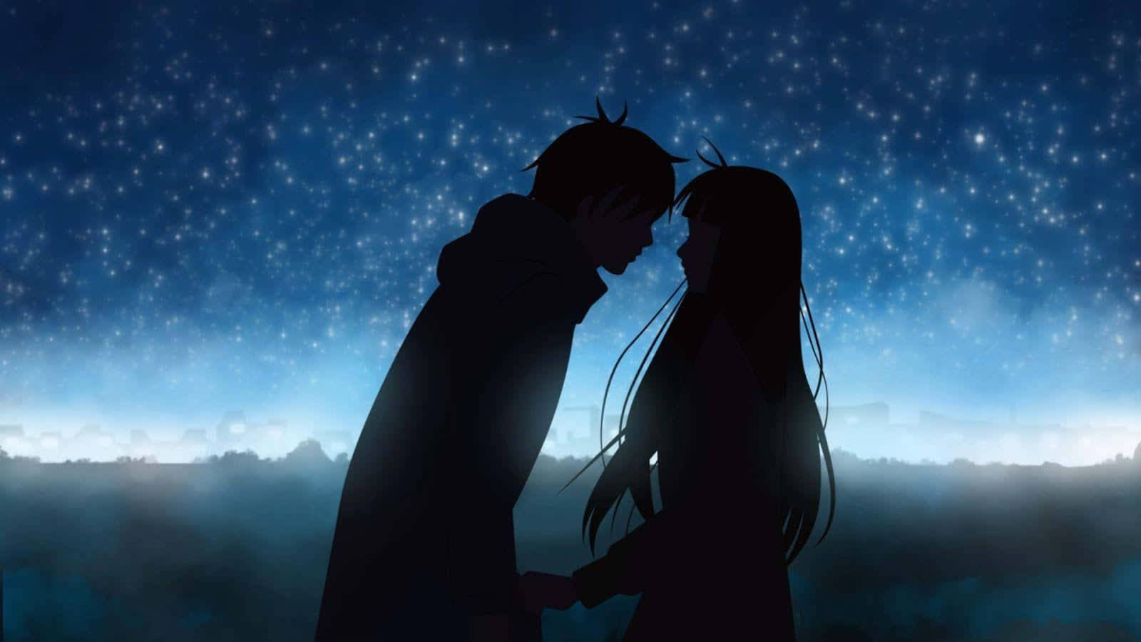 คู่รักอนิเมะเงาดำบนท้องฟ้ายามค่ำคืนสีฟ้า วอลเปเปอร์