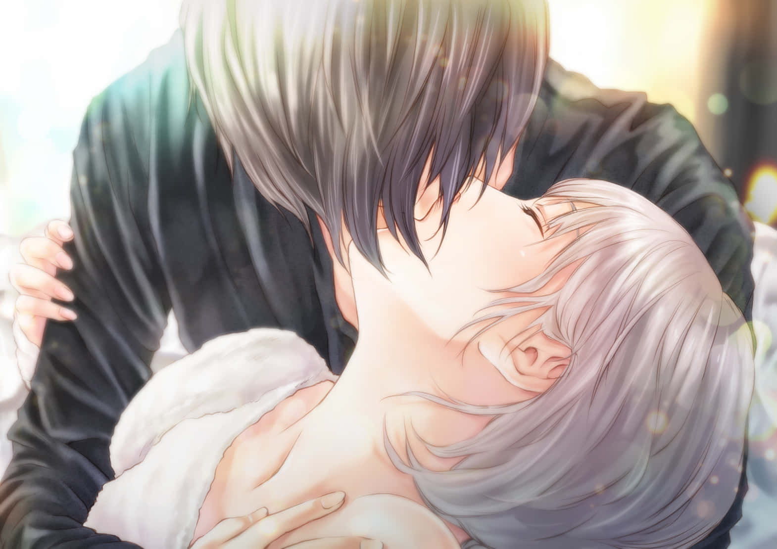 คู่รักอนิเมะโรแมนติกกำลังจูบกันอย่างใกล้ชิด วอลเปเปอร์