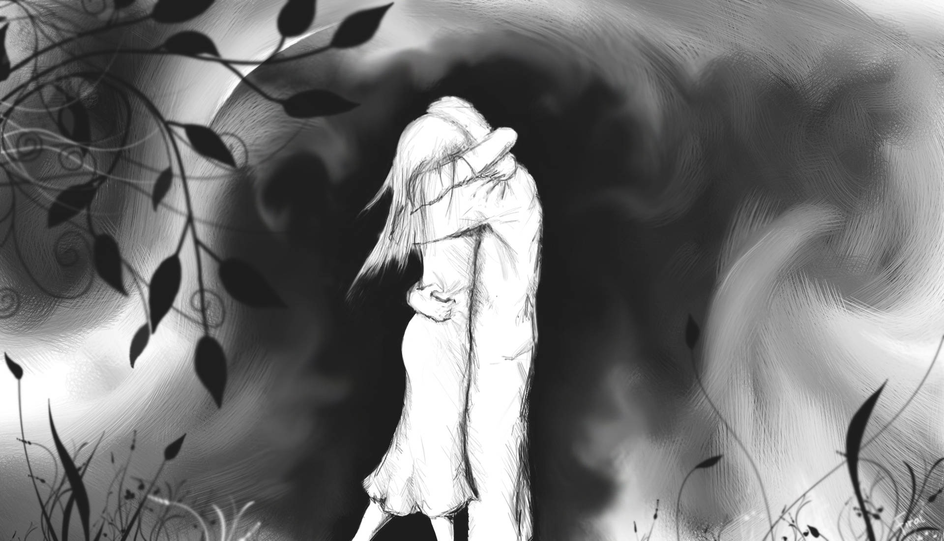 คู่รักโอบกอดในสไตล์วาดเท่ วอลเปเปอร์