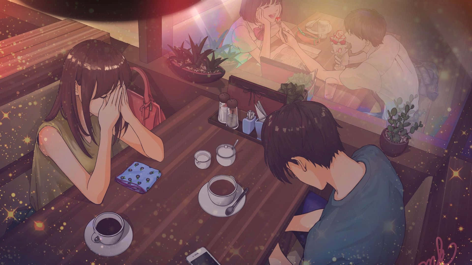 คู่อนิเมะในร้านกาแฟ วอลเปเปอร์