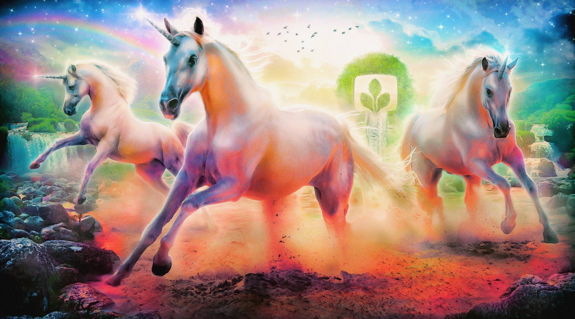 ศิลปะยูนิคอร์นที่มีฝุ่นสีสันสดใสสีแดงในภาพวาดสีรุ้งพร้อมม้าวิ่งในตำนาน — ยูนิคอร์น วอลเปเปอร์