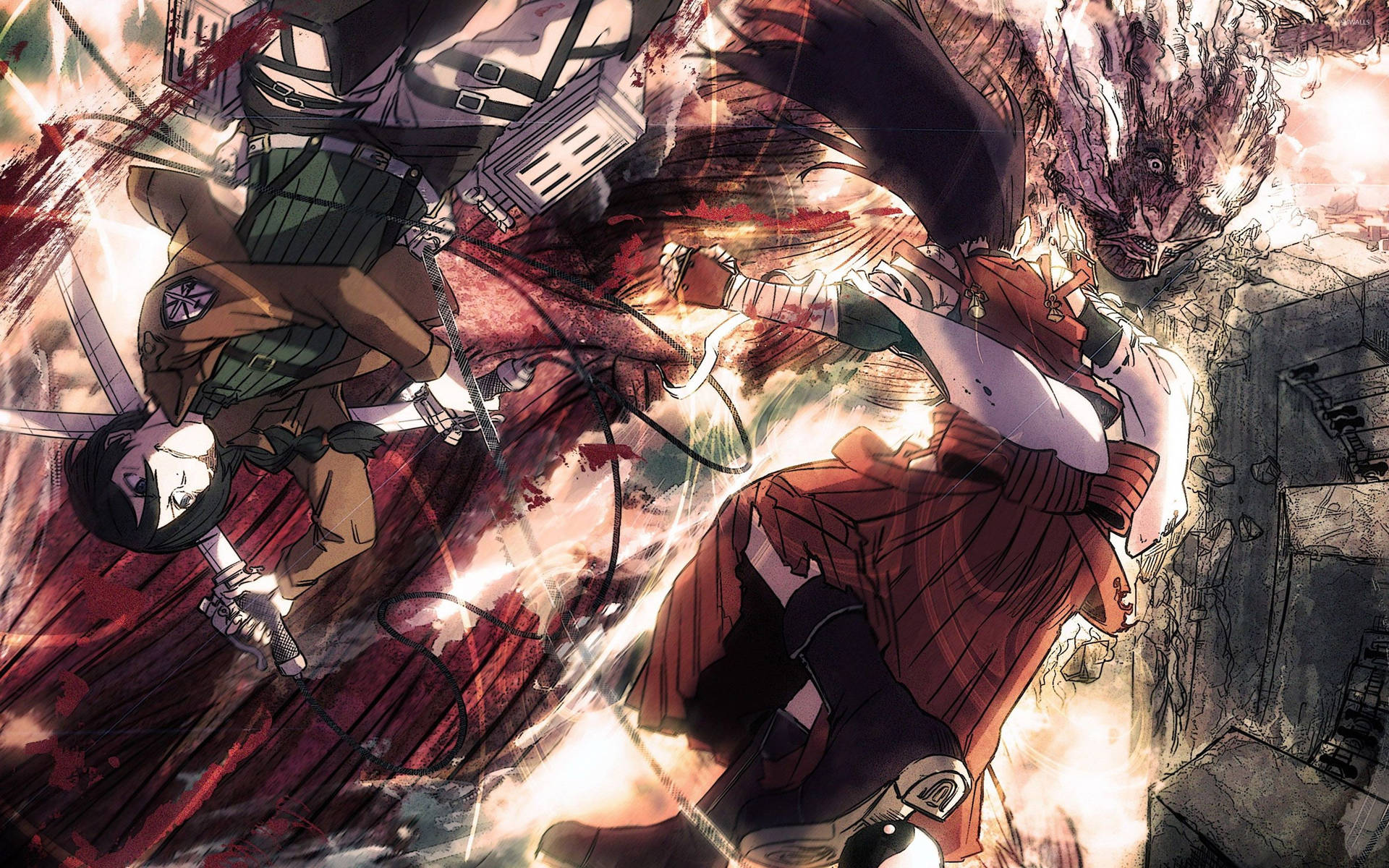 มิคาสะ อัคเคอร์แมน ต่อสู้กับไททันมหึมาที่พ่นไอน้ำ วอลเปเปอร์แฟนอาร์ต Attack On Titan — Attack On Titan วอลเปเปอร์