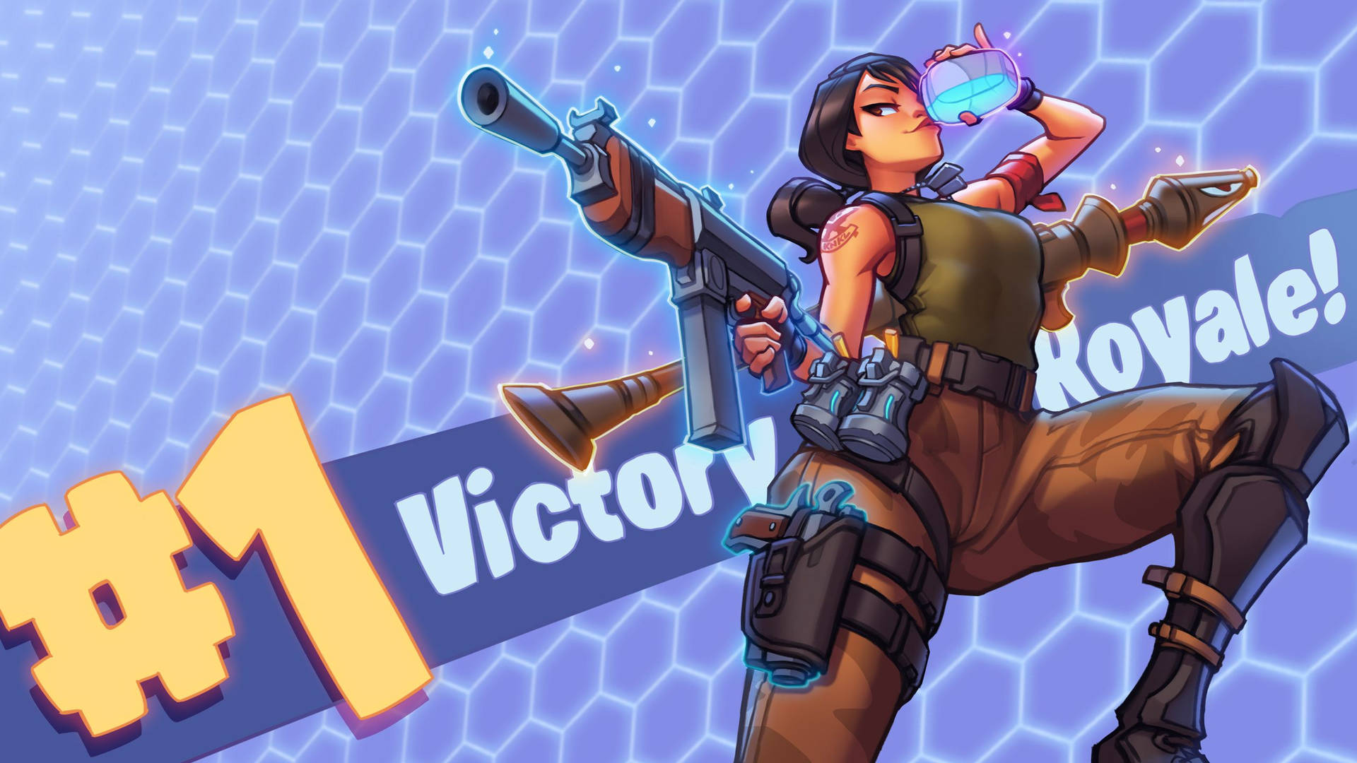 ตัวละครหญิงจาก Fortnite ถือปืนและดื่มยาชีลด์ วอลเปเปอร์ — ฟอร์ทไนท์ วอลเปเปอร์