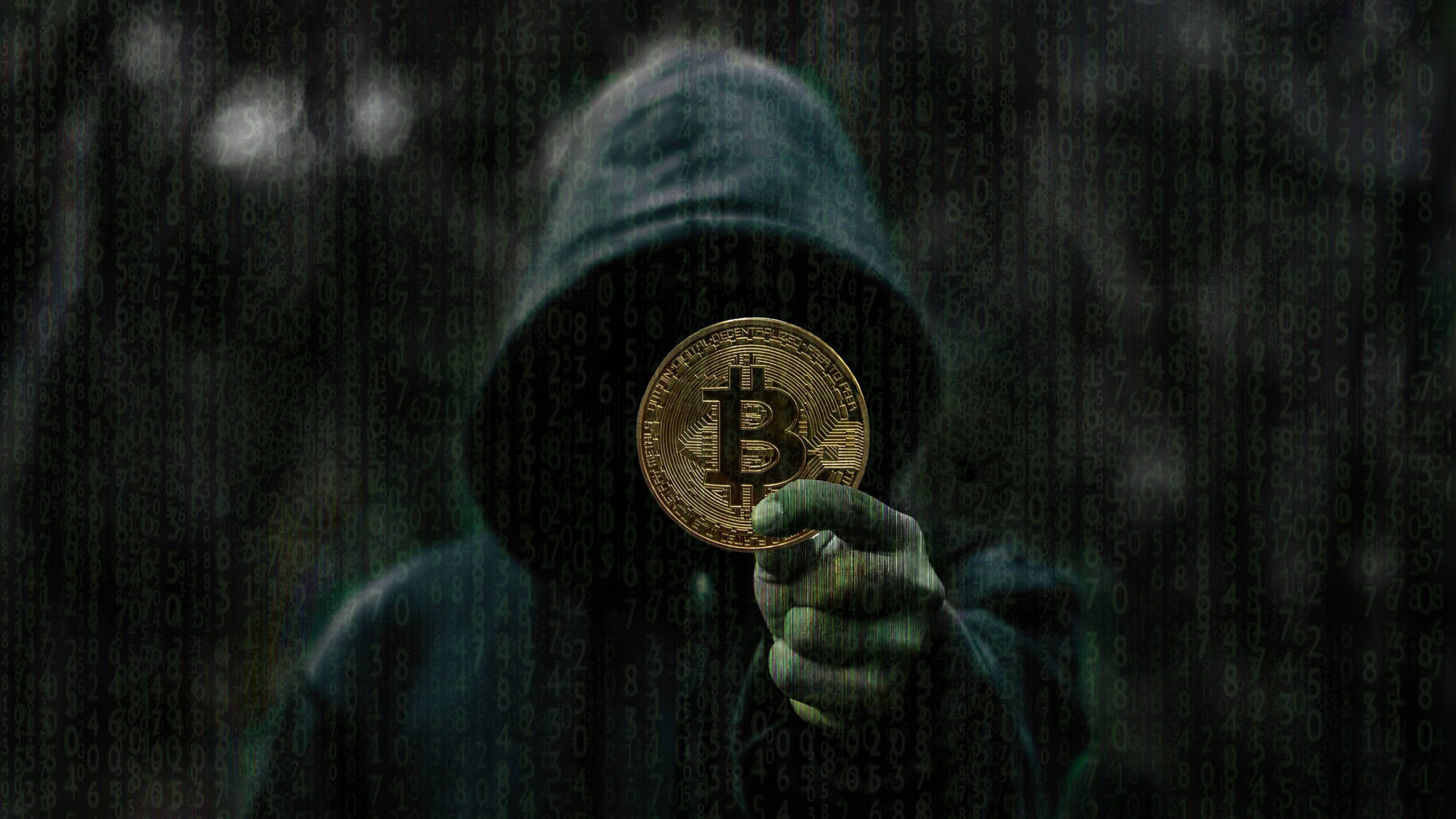 ชายนิรนามกับพื้นหลัง Bitcoin คริปโต — ดาร์ก เอสเธติก GIF วอลเปเปอร์