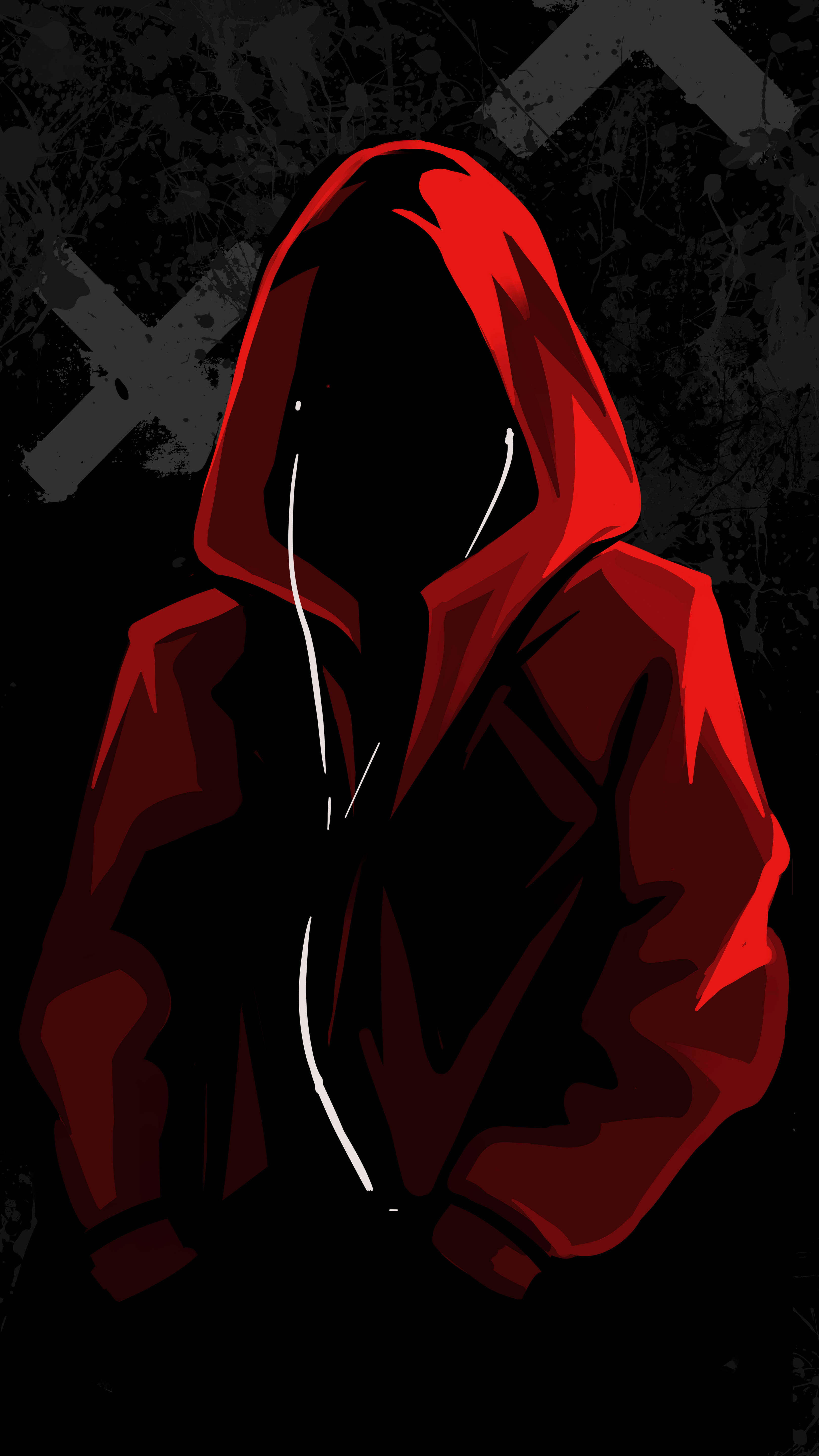ชายสวมเสื้อฮู้ดสีแดงพร้อมโทรศัพท์ 8K วอลเปเปอร์