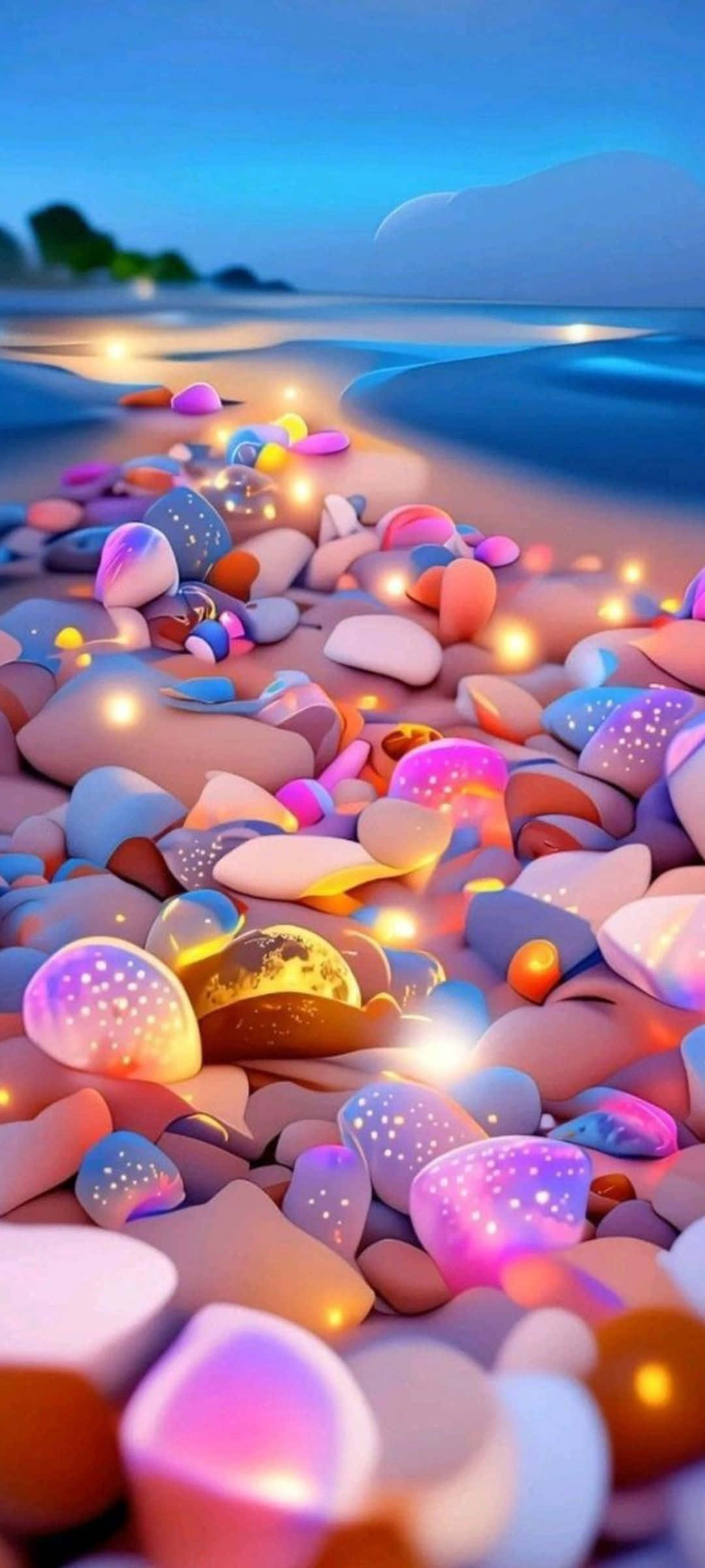 ชายหาดยามค่ำคืนกับหินเรืองแสงมหัศจรรย์ วอลเปเปอร์
