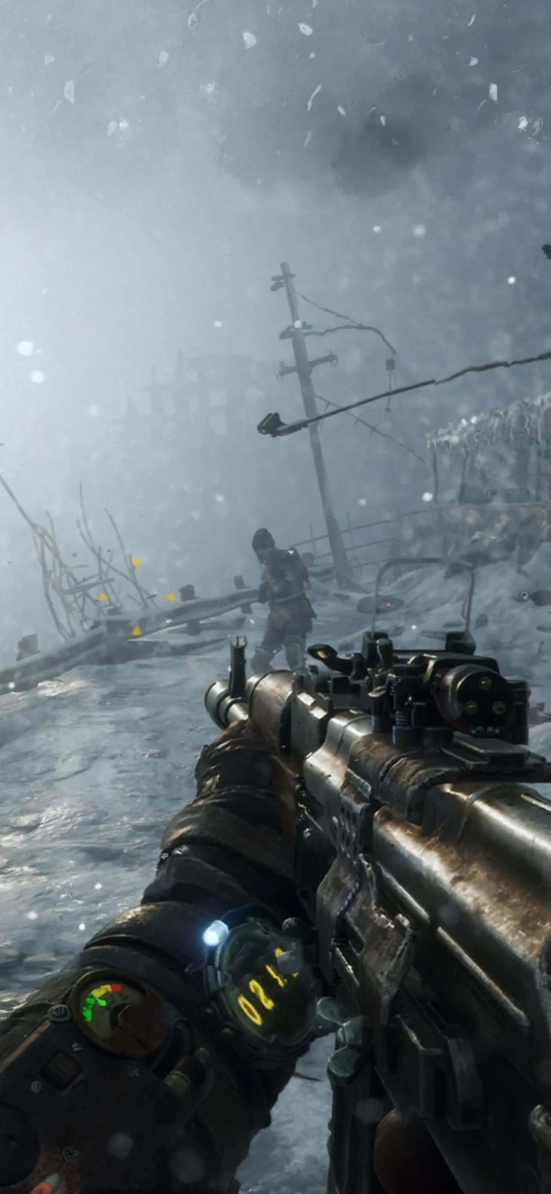 ชายในหน้ากากแก๊สท่องไปในภูมิประเทศหลังวันสิ้นโลกของ Metro Exodus วอลเปเปอร์
