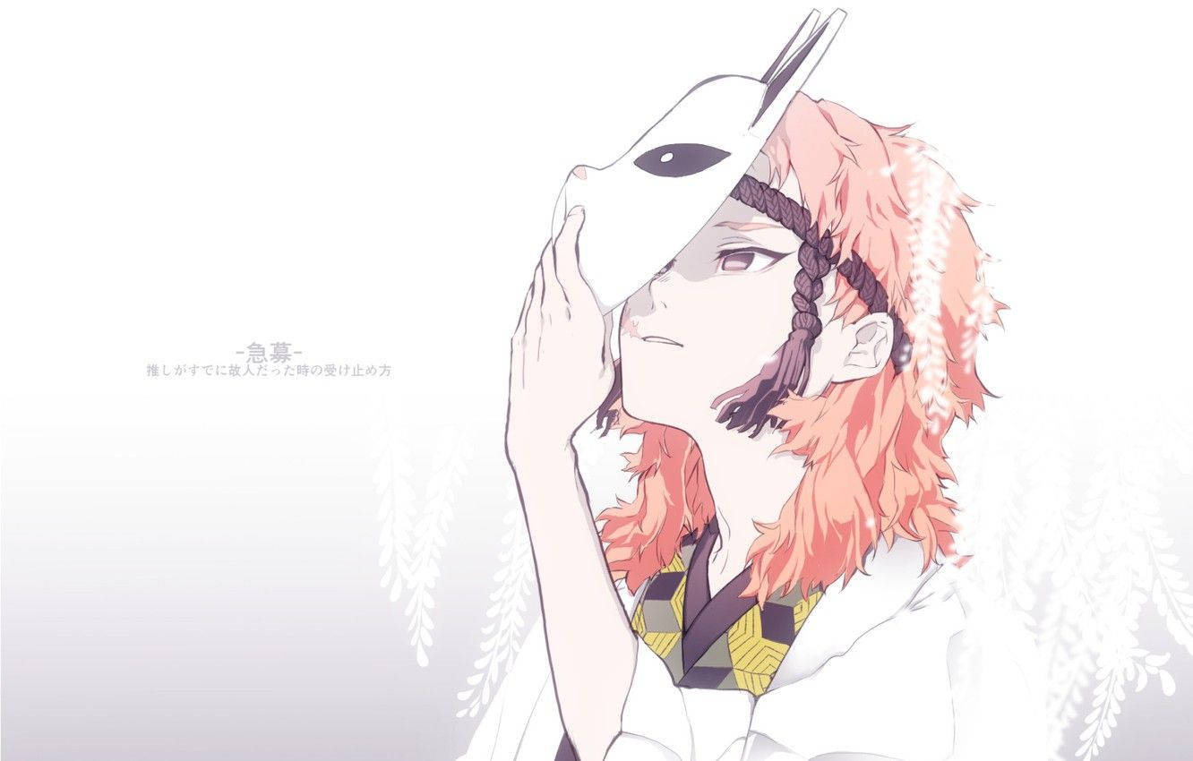 วอลเปเปอร์ Demon Slayer ของซาบิโตะสวมหน้ากากคิทสึเนะพร้อมดอกวิสทีเรียสีขาว — ดาบพิฆาตอสูร วอลเปเปอร์