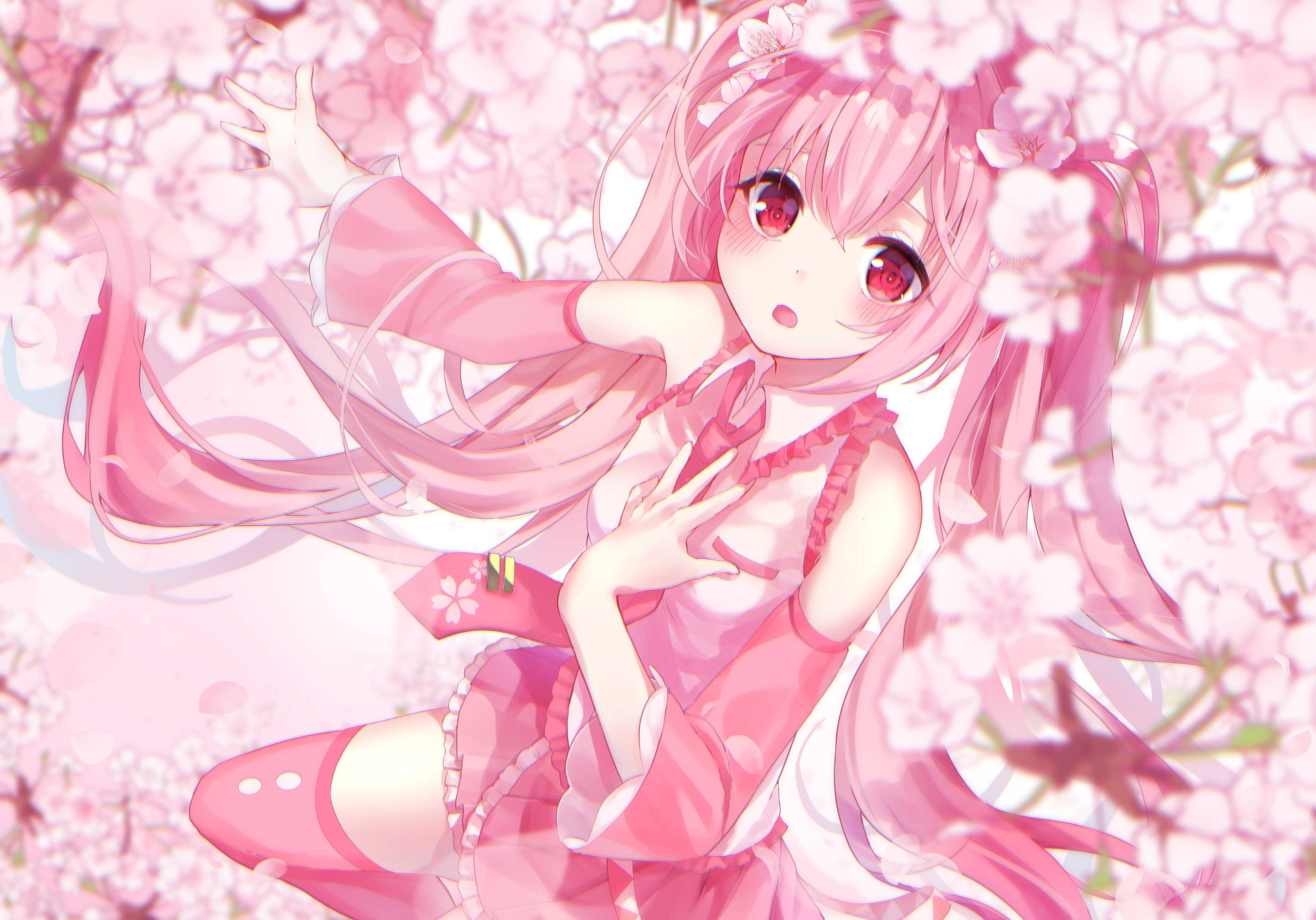 ดอกไม้สีชมพูสไตล์อนิเมะ วอลเปเปอร์