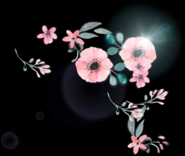 ดอกไม้สีชมพูเรืองแสงบนพื้นหลังสีเข้ม วอลเปเปอร์