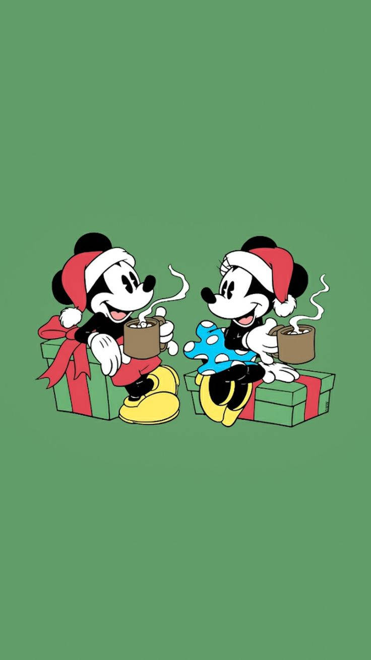 ดิสนีย์คริสต์มาส Mickey และ Minnie ดื่มกาแฟ วอลเปเปอร์