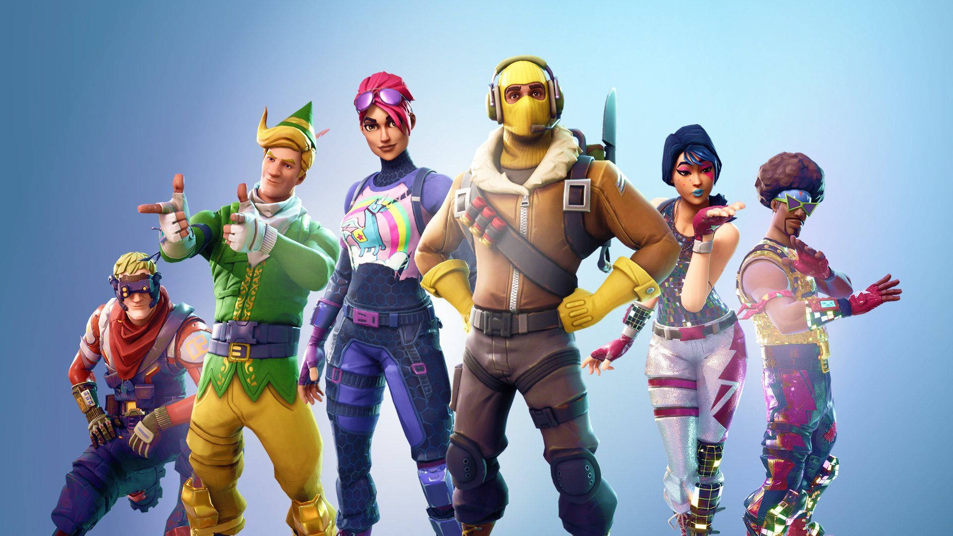 ตัวละคร Fortnite 6 ตัวบนพื้นหลังไล่สีฟ้า วอลเปเปอร์ HD — ฟอร์ทไนท์ วอลเปเปอร์