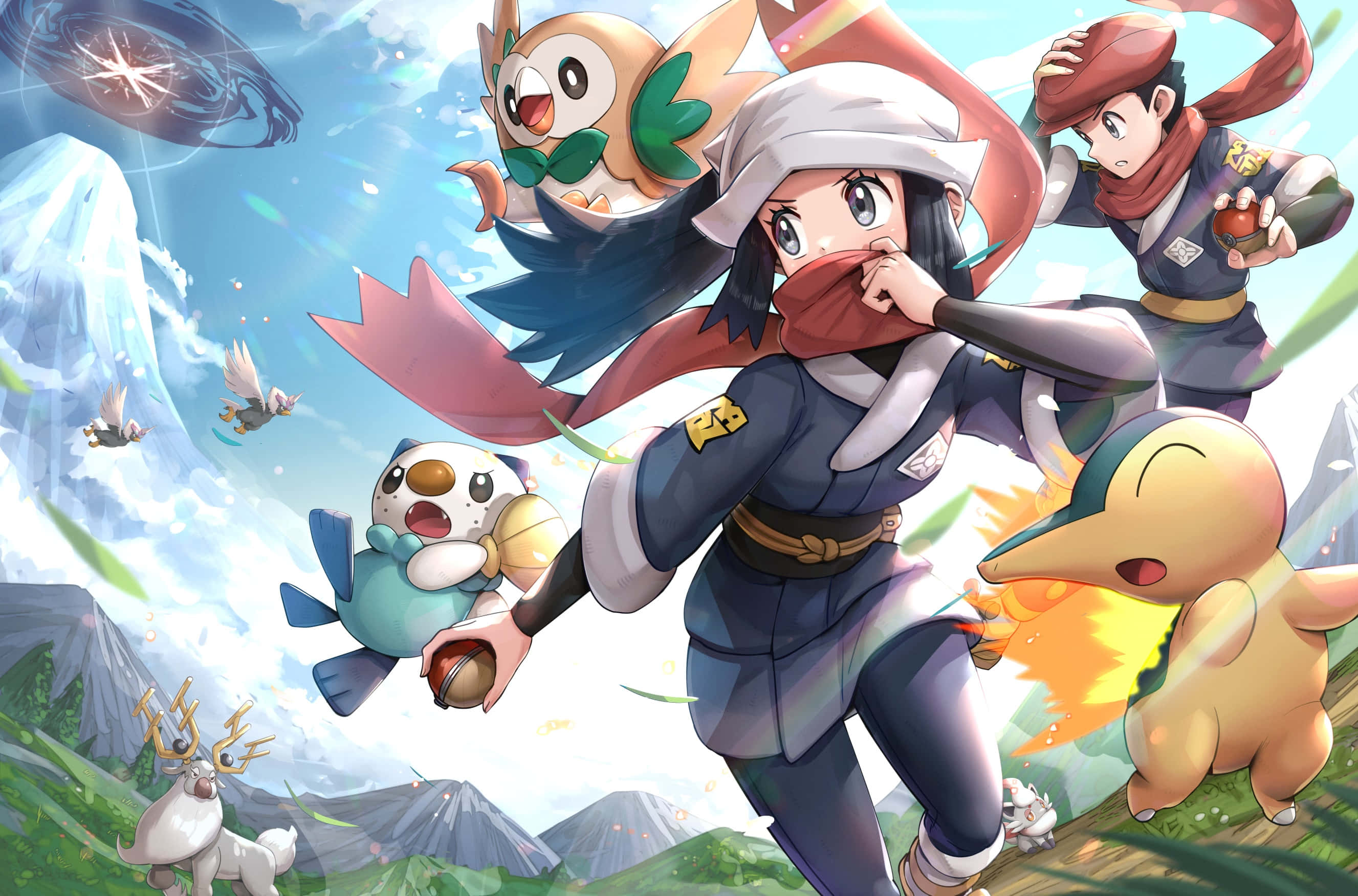ตัวละคร Pokémon Legends Arceus กับ Braviary ที่บินอยู่ วอลเปเปอร์