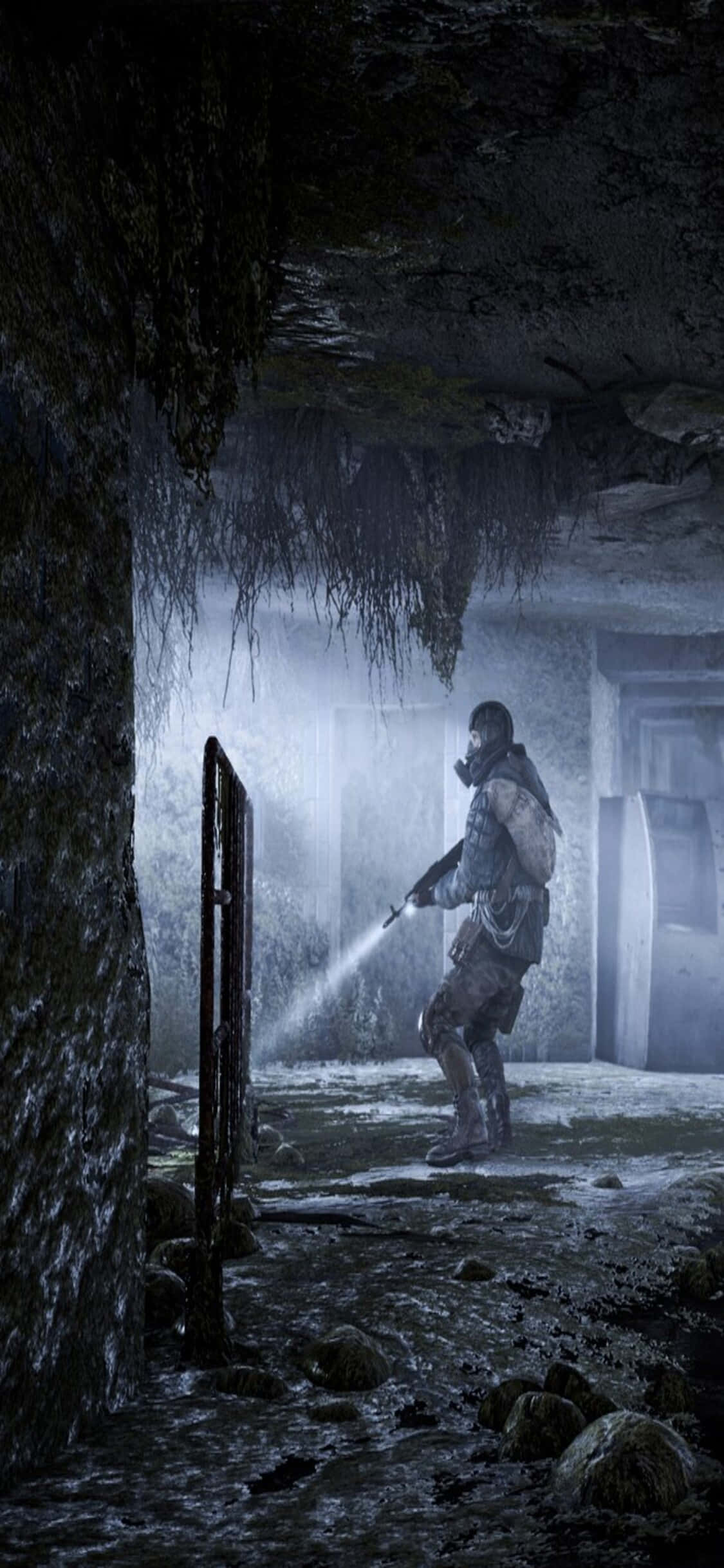 ตัวละครกับไฟฉาย พื้นหลัง iPhone X Metro Last Light วอลเปเปอร์