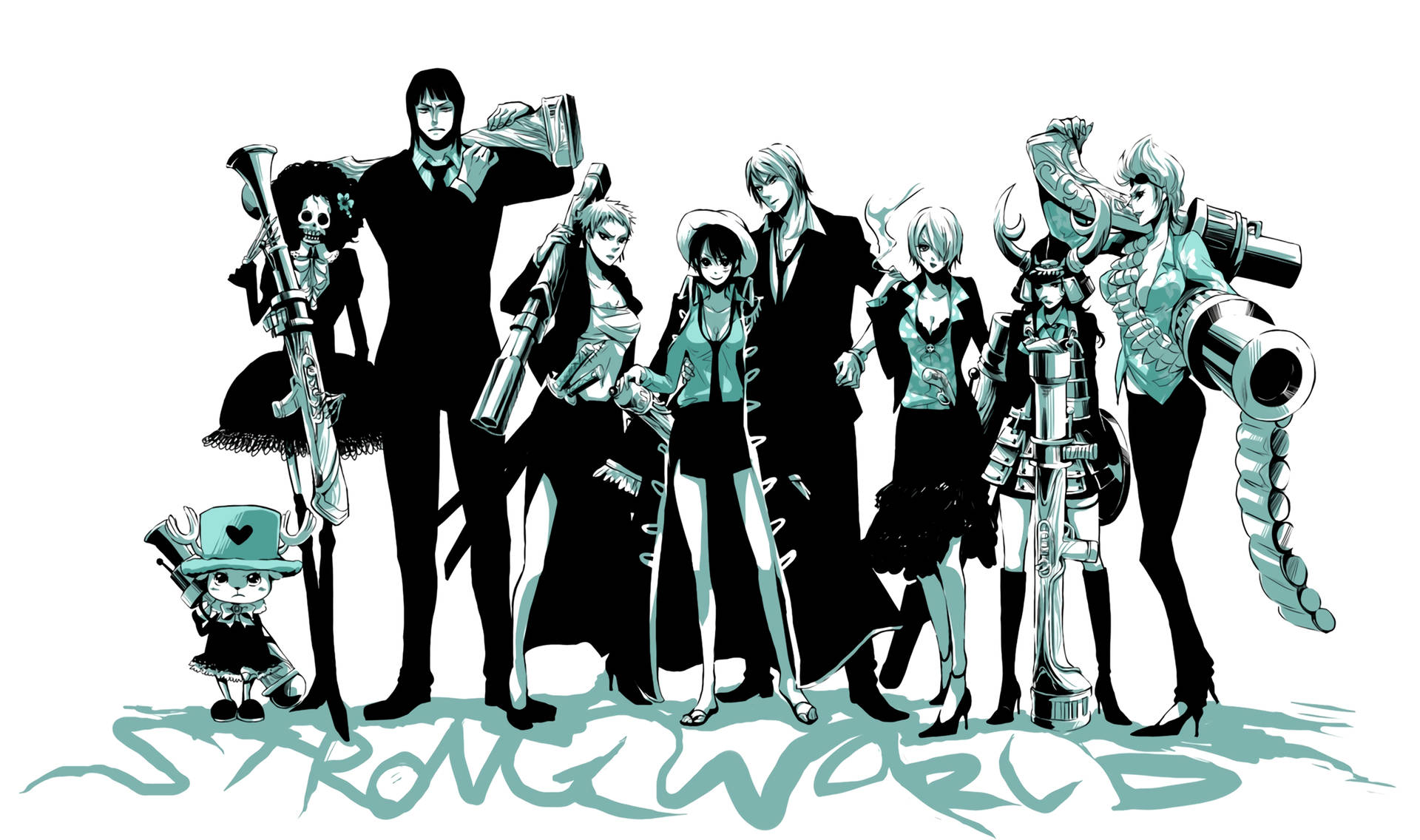 วอลเปเปอร์ตัวละครวันพีซในชุดสูทพร้อมเงาสะกดคำว่า Strong World — วันพีซ วอลเปเปอร์