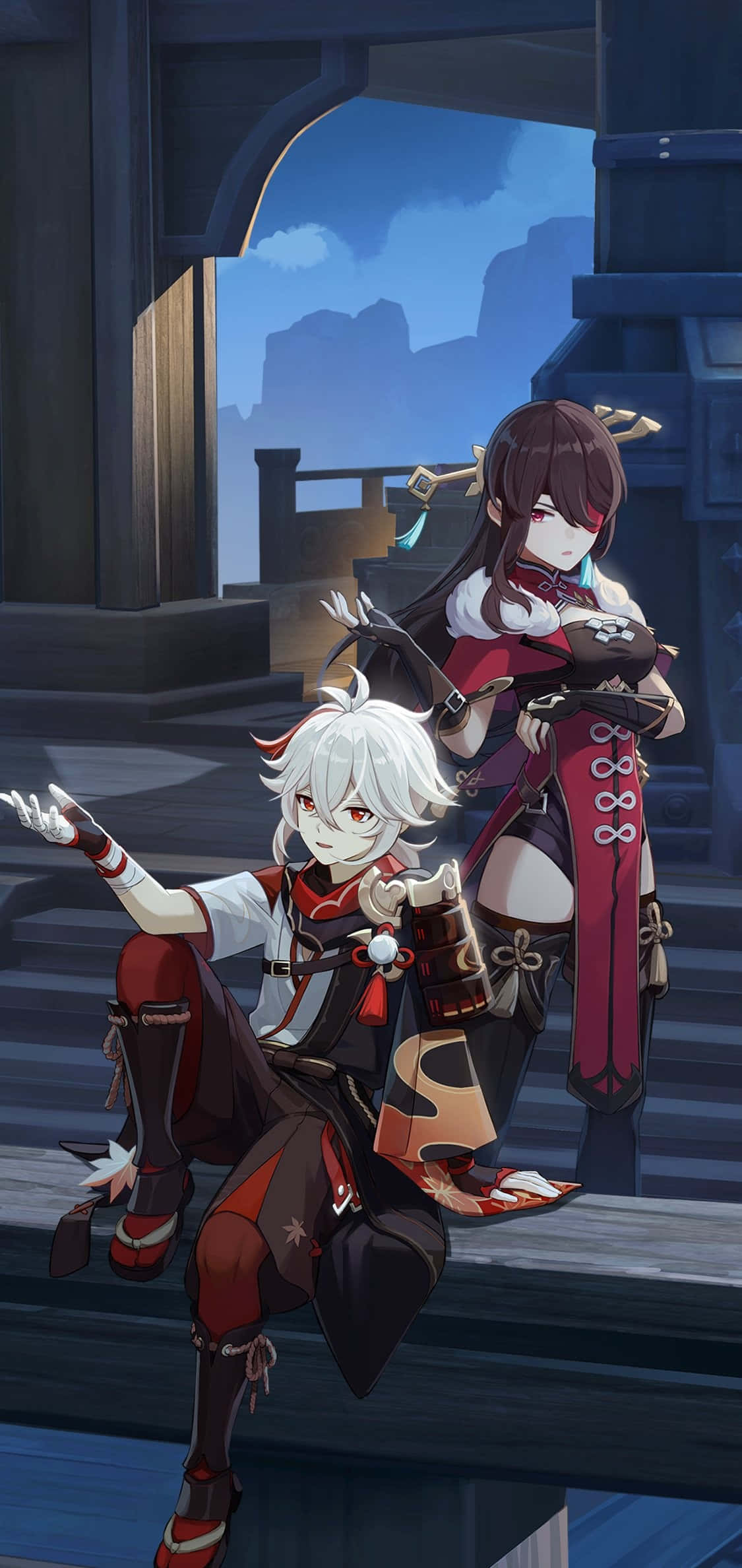 ตัวละครอนิเมสองคนนั่งบนขอบ วอลเปเปอร์
