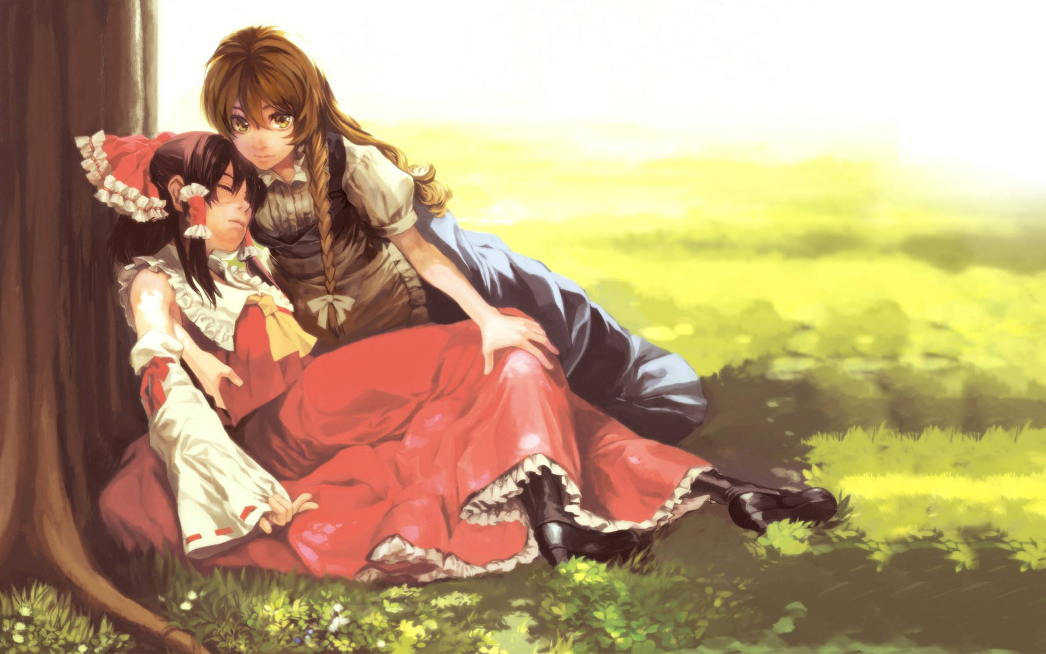 ตัวละครอนิเมสองคน เรมุและมาริซะในอ้อมกอดที่จริงใจ วอลเปเปอร์