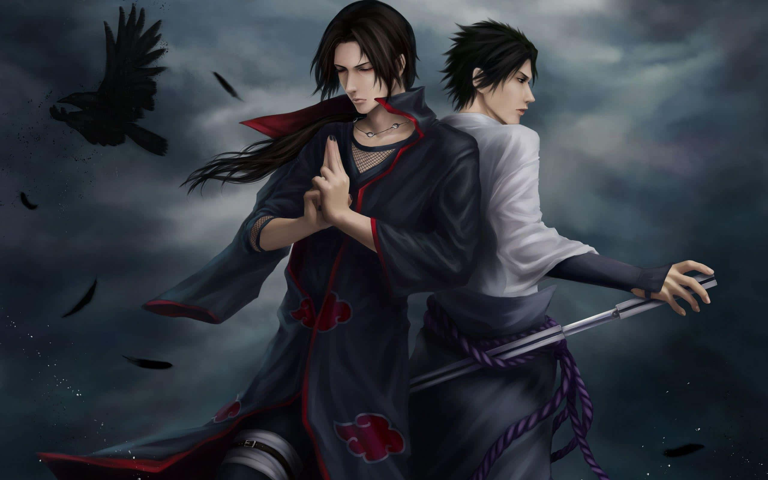 ตัวละครอนิเมะสองคนยืนถือดาบในความมืด วอลเปเปอร์