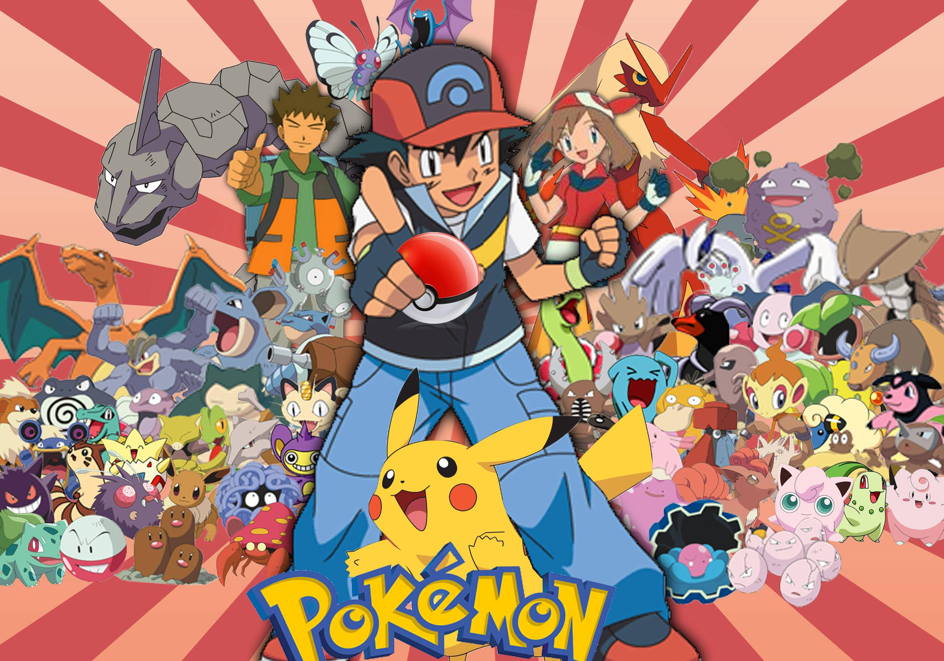 ตัวละครโปเกมอนกับแอช, บร็อค, มิสตี้, พิคาชู และโปเกมอนอื่นๆ — โปเกมอน วอลเปเปอร์