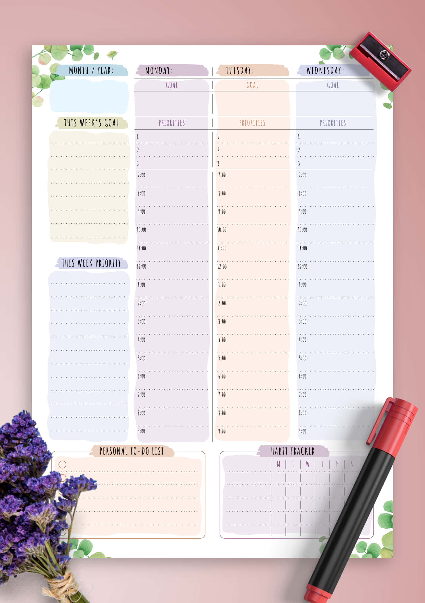 ตัววางแผนที่พิมพ์ได้ด้วยดอกไม้สีม่วงและปากกา วอลเปเปอร์