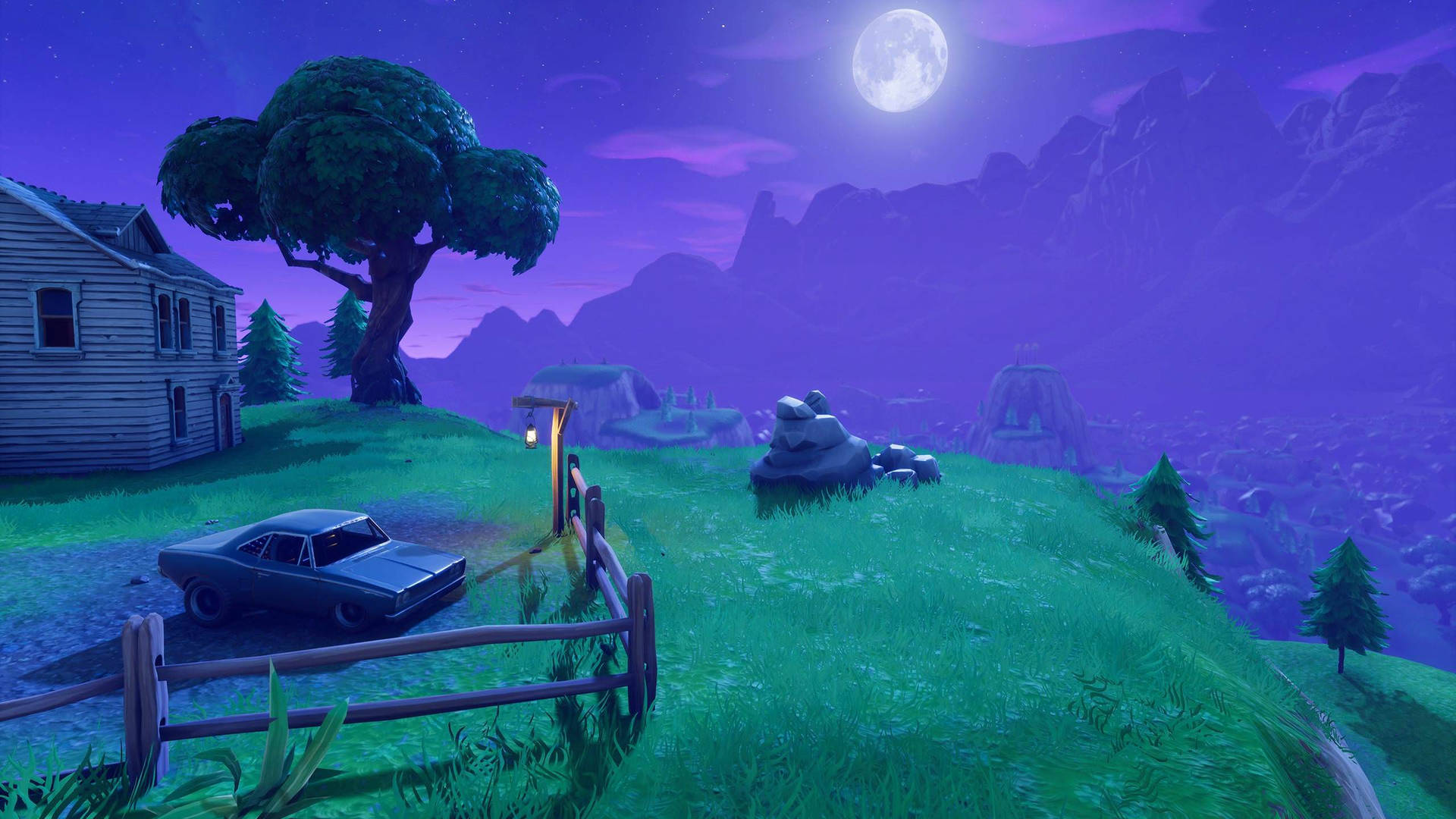 ทิวทัศน์ยามค่ำคืนอันสงบพร้อมพระจันทร์เต็มดวงใน Fortnite HD วอลเปเปอร์ — ฟอร์ทไนท์ วอลเปเปอร์