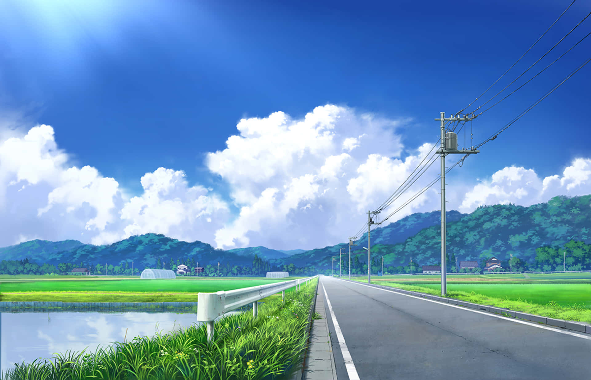 ถนนชนบทและทะเลสาบในสไตล์อาร์ตอะนิเมะ วอลเปเปอร์