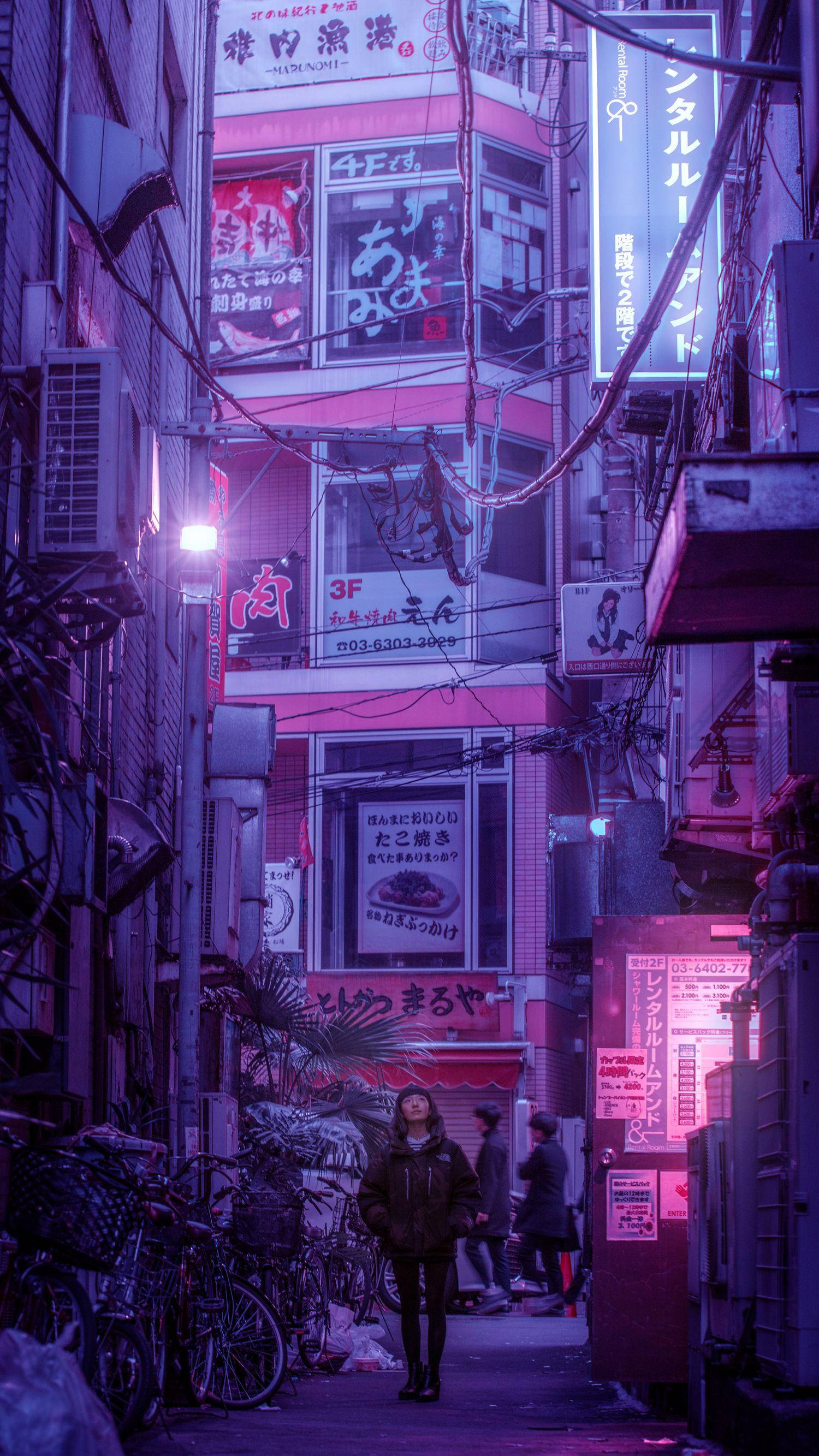 ถนนญี่ปุ่นสไตล์อาร์ตสีม่วงอ่อน วอลเปเปอร์