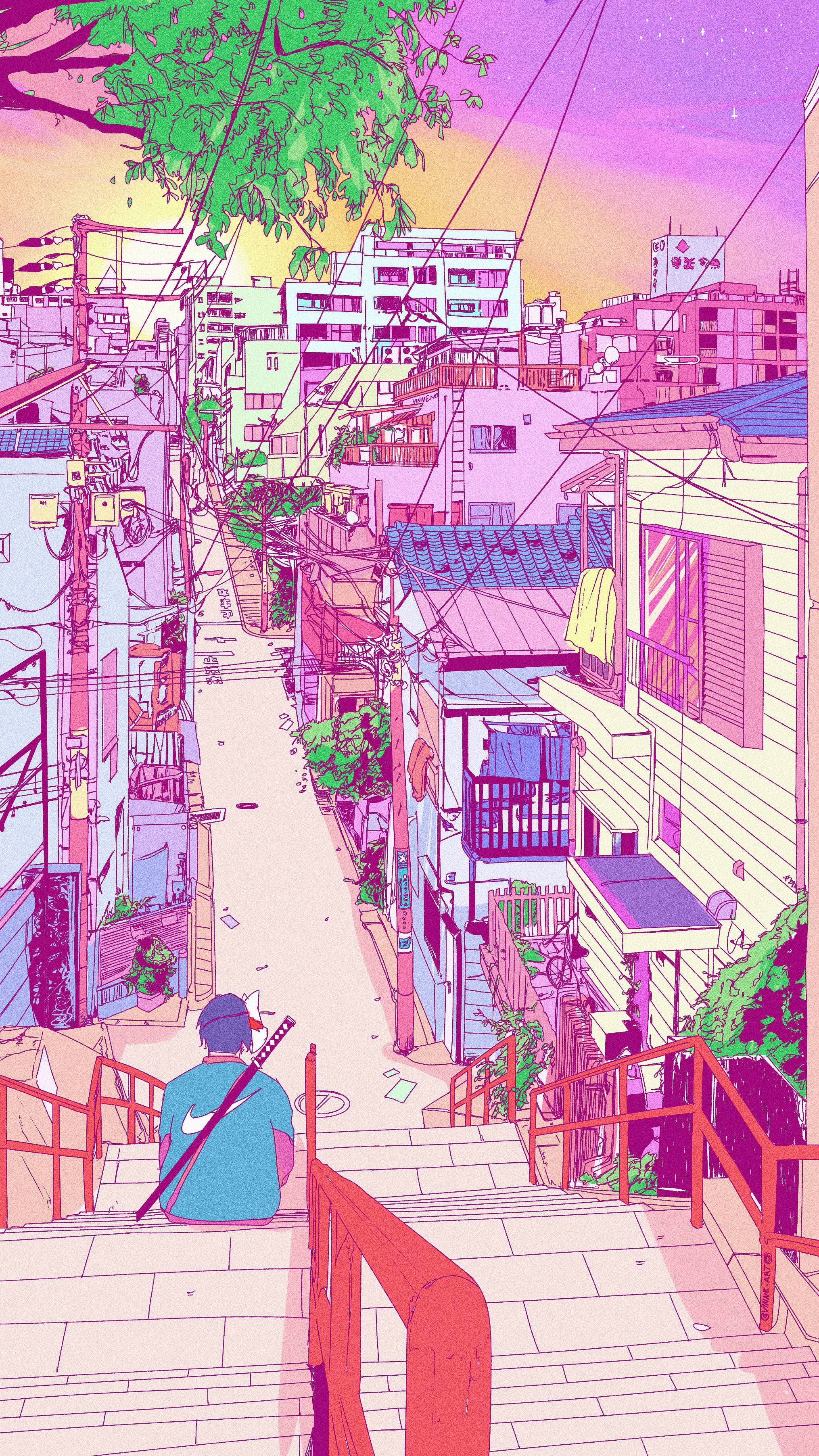 ถนนที่มีชายคนหนึ่งกำลังเดินลงบันได วอลเปเปอร์