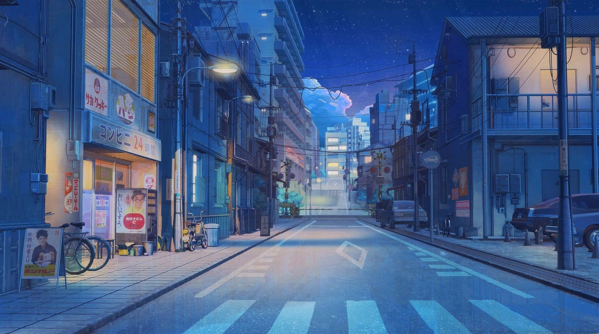ถนนสไตล์ญี่ปุ่นยามค่ำคืนในอนิเมะสีฟ้า วอลเปเปอร์