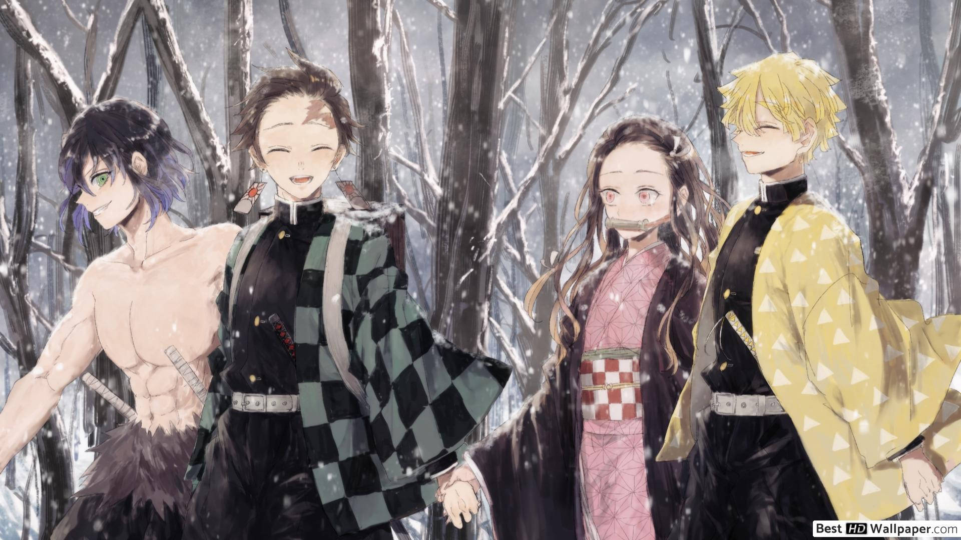 วอลเปเปอร์ Demon Slayer ของทันจิโร่และคนอื่นๆ เดินในป่าที่มีหิมะ — ดาบพิฆาตอสูร 4K GIF วอลเปเปอร์